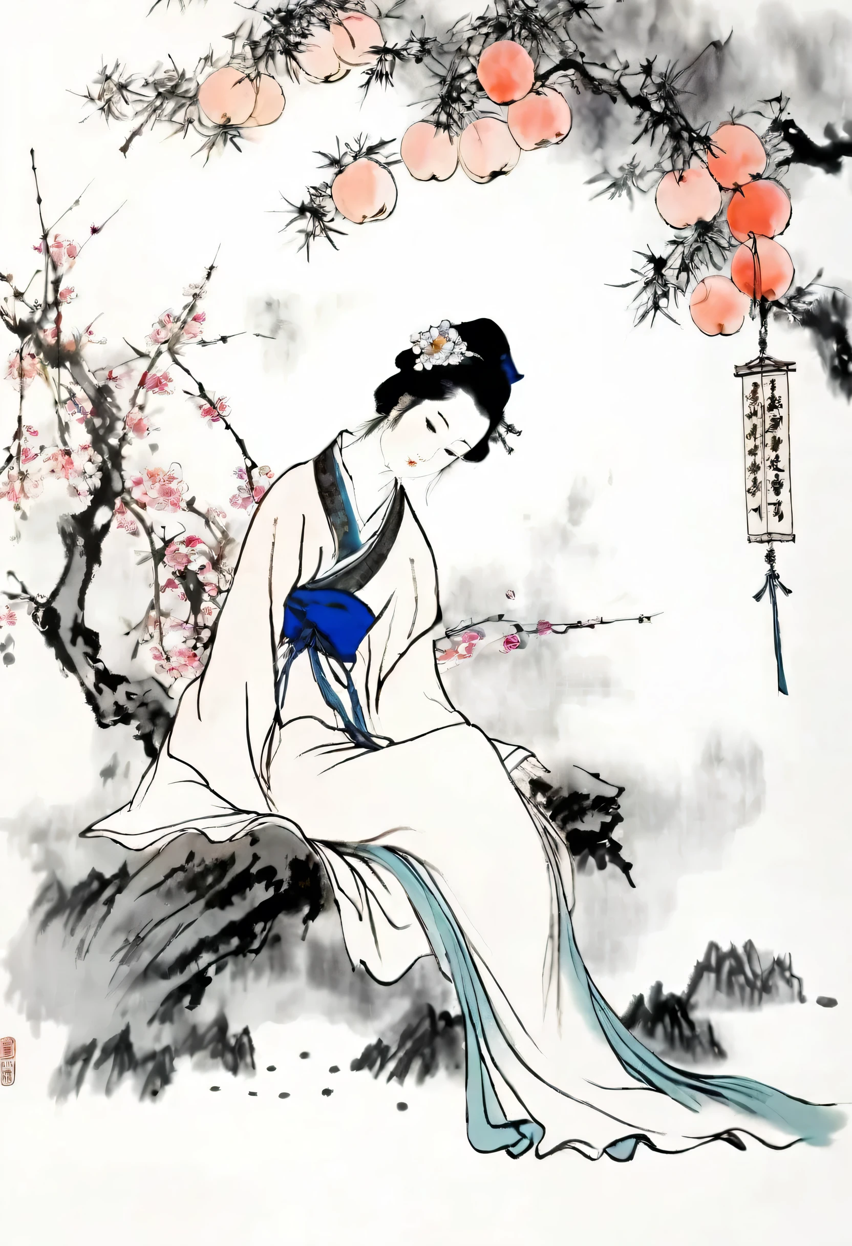 (best quality,masterpiece:1.2),Perfect and detailed face,Sitting under a peach tree,Beautiful girl,Read carefully,Chinese scenery,Ink splatter,Ink texture,Ink Painting,Qi Baishi and Zhang Daqian style,Ultrafine quality,8k