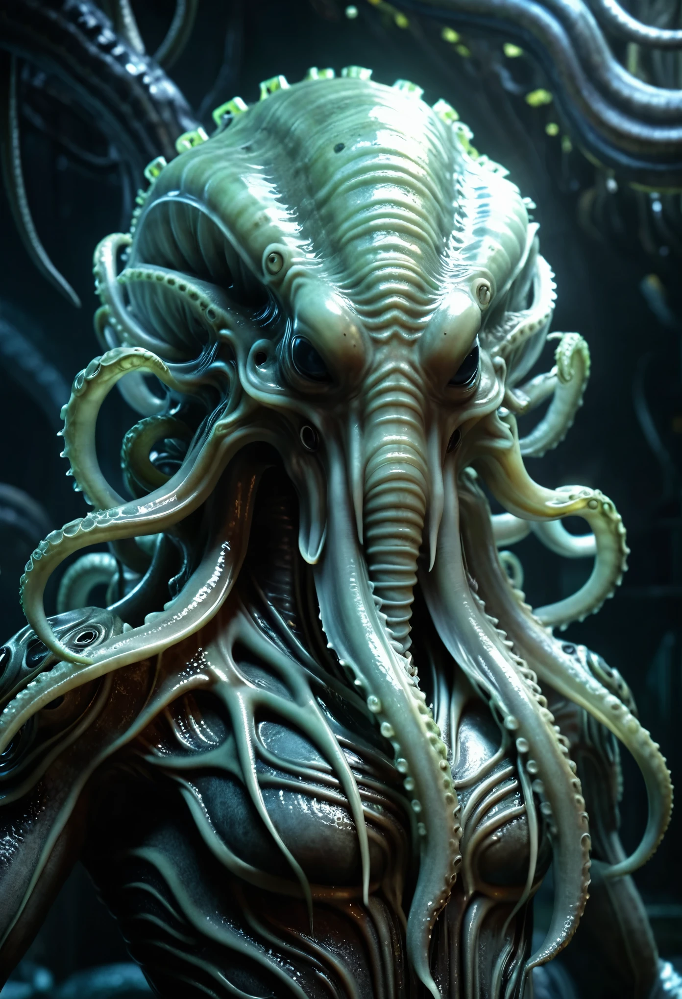 A portrait of a Vibrant Kraken, 8k photorealistic, cinematic lighting, HD, high details, dramatic, dark atmosphere, trending on artstation, great light, perfect composition, vibrant, lush, glossy, elegant, unreal engine, inspired by HR Giger, half body portrait, highly detailed, photo realistic, cinematic, movie still, captured in the style of Sony Alpha A7 III camera