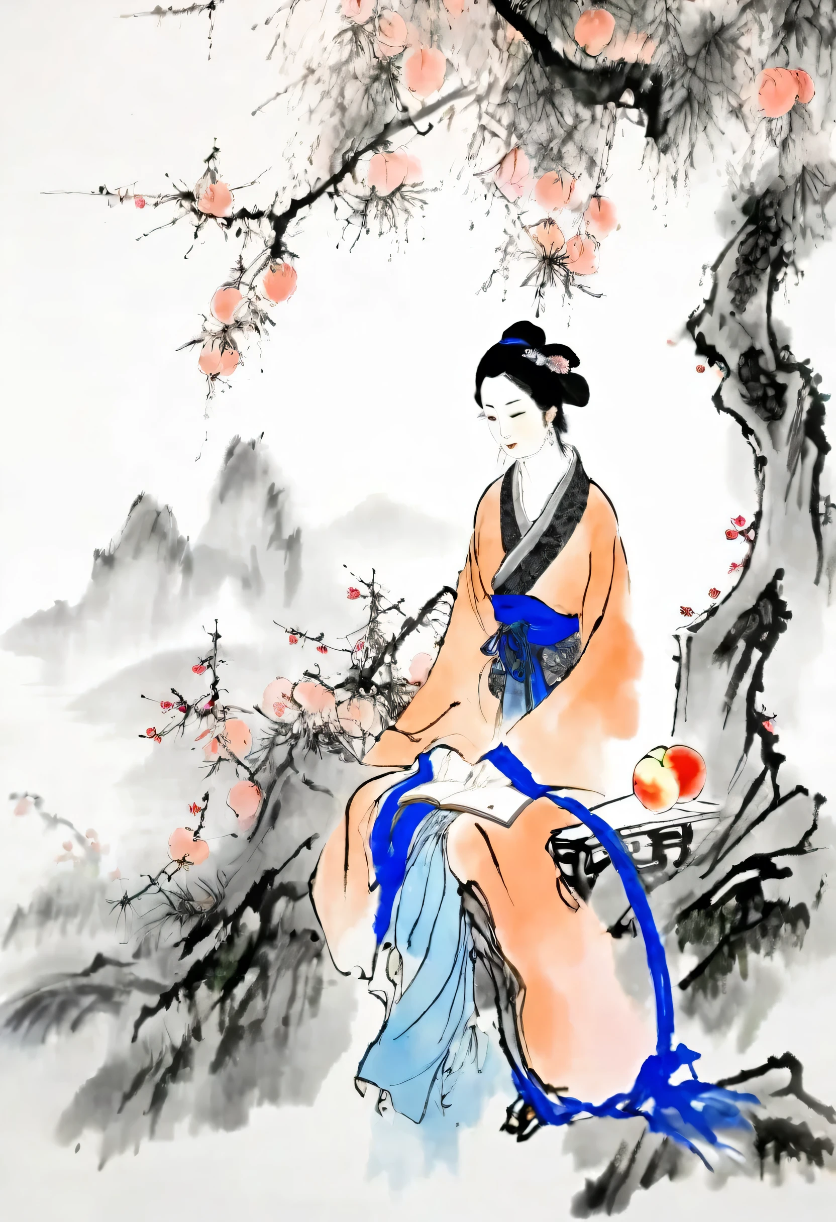 (best quality,masterpiece:1.2),Perfect and detailed face,Sitting under a peach tree,Beautiful girl,Read carefully,Chinese scenery,Ink splatter,Ink texture,Ink Painting,Qi Baishi and Zhang Daqian style,Ultrafine quality,8k