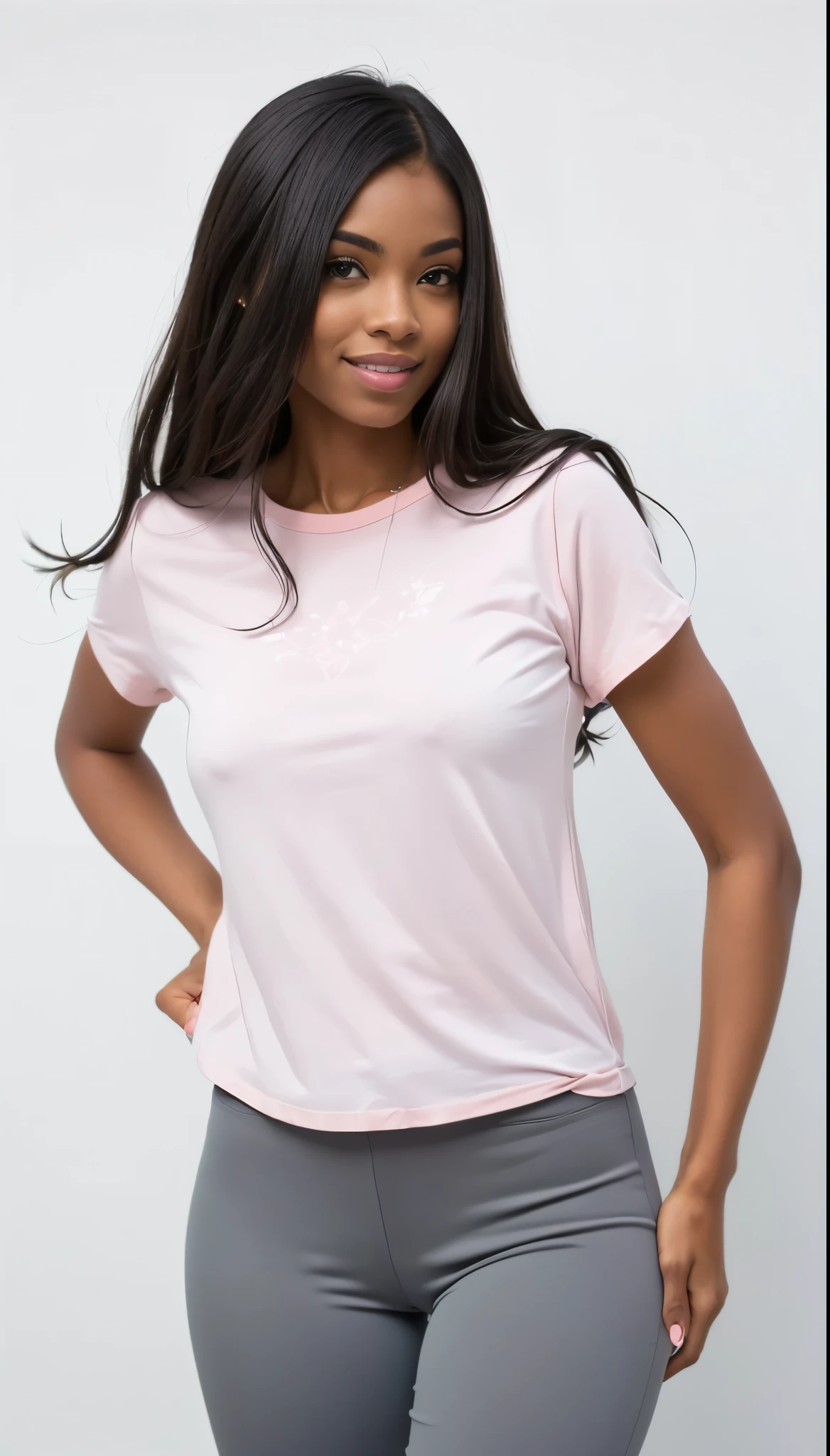 a woman in a rosa shirt and grey pants posing for a picture, Manga curta, rosa shirt, 3/4 vista frontal, rosa clothes, roupas pastel, rosa, camiseta, splendid, Roupa casual, contorno suaves, vestindo uma camiseta muscular, pastel', vista frontal superior lateral, vestindo um top fofo, contorno suave, modern Roupa casual, e 2k