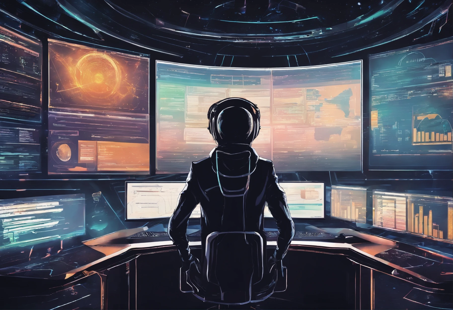 A man behind a computer displaying stock reports and charts., faces not visible, suit - black hoodie, mystical atmosphere, concept art in high quality