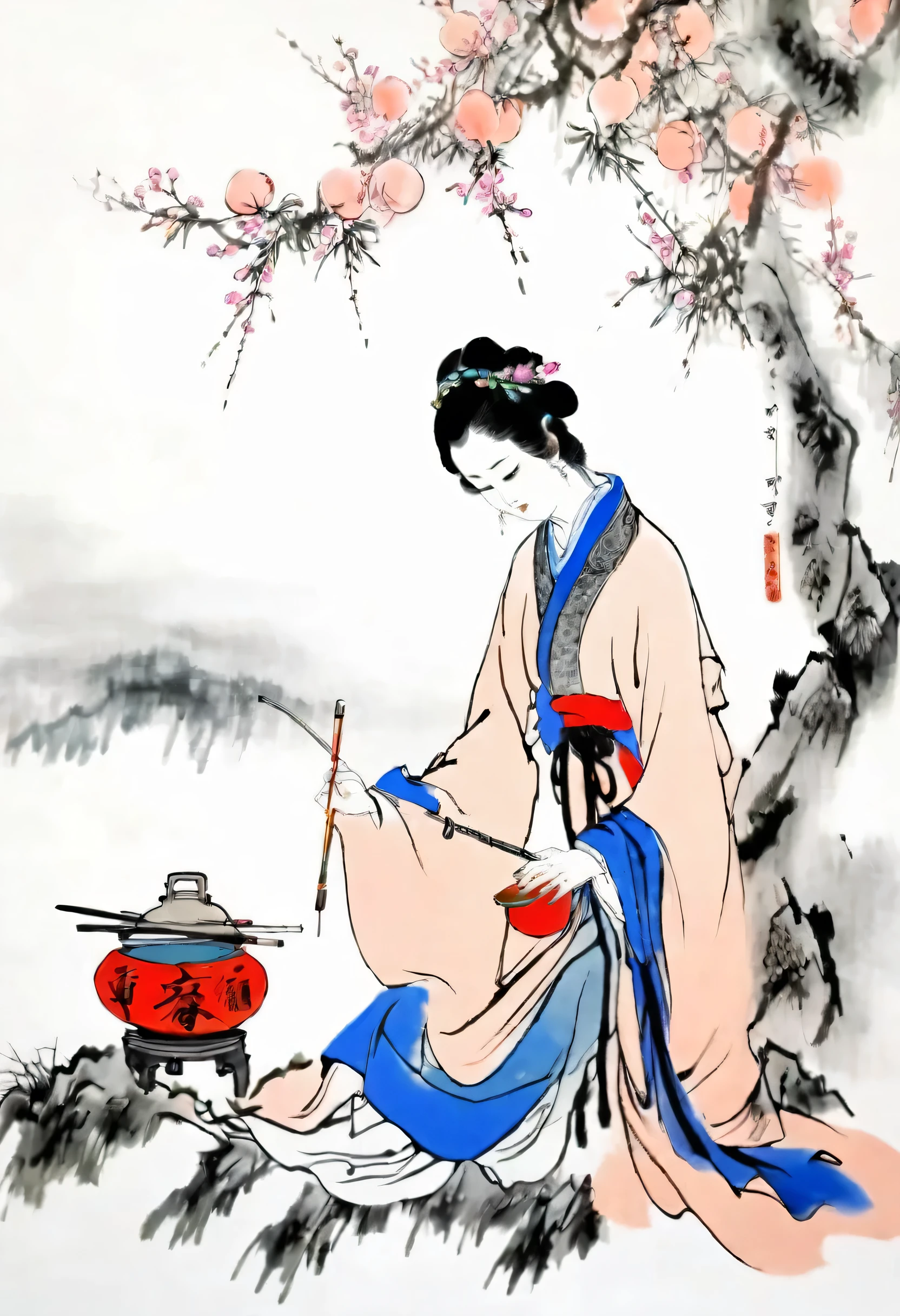 (best quality,masterpiece:1.2),Perfect and detailed face,Sitting under a peach tree,Beautiful girl,Do needlework seriously,Chinese scenery,Ink splatter,Ink texture,Ink Painting,Qi Baishi and Zhang Daqian style,Ultrafine quality,8k