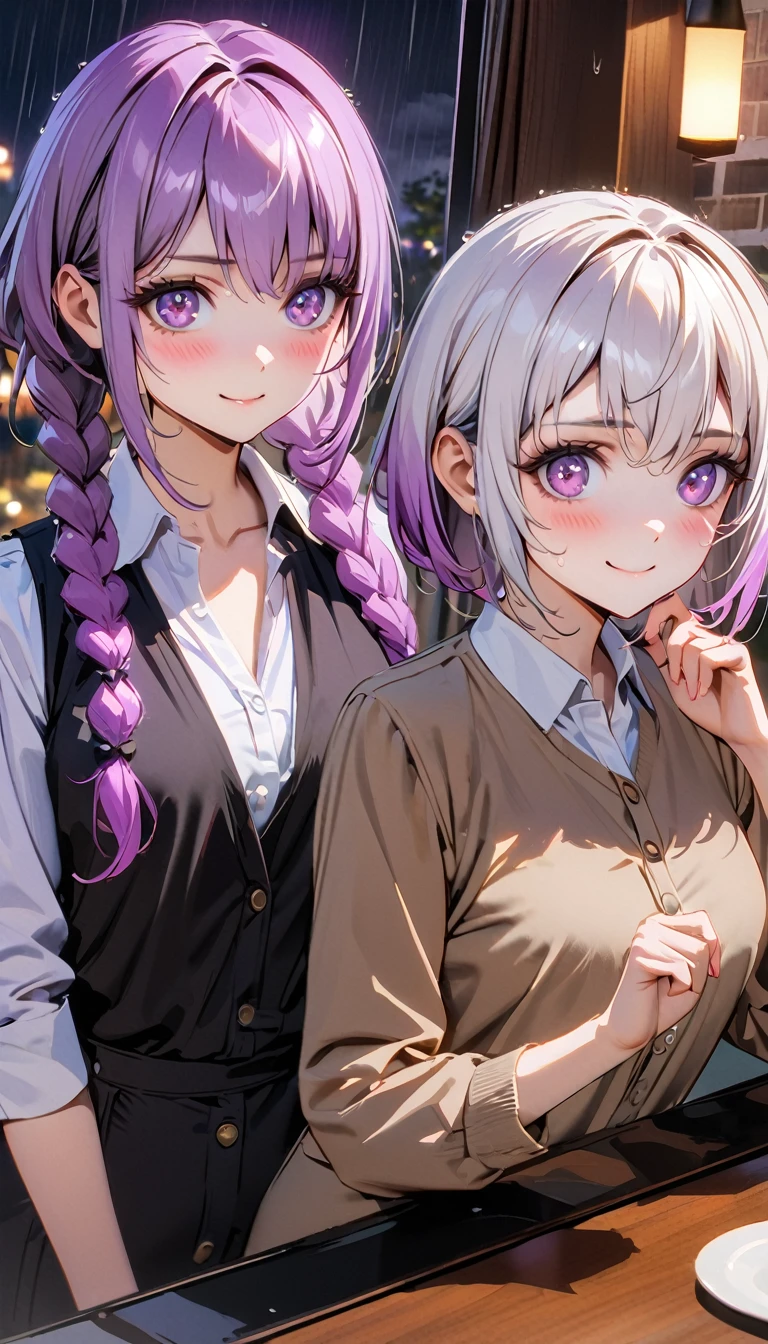 (8K, Top quality, masterpiece: 1.2), (Practical, photoPractical: 1.37), Super detailed,  2 girls Looking at the audience side by side, yinji, purple hair, purple eyes, long hair, white hair, double braids, gradient hair, small breasts, Beautiful and detailed sky, Detailed café, night, (blush), (Smile: 1.15), (Shut up), small, (Collared shirt: 1.1), night, wet, Office Clothing, rain, White lace, (short hair: 1.2), Flowing HairNovaFrogStyle, Casual sexy pose,