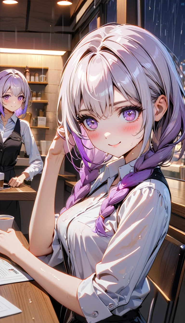 (8K, Top quality, masterpiece: 1.2), (Practical, photoPractical: 1.37), Super detailed, 2 girls Looking at the audience side by side, yinji, purple hair, purple eyes, long hair, white hair, double braids, gradient hair, small breasts, Beautiful and detailed sky, Detailed café, night, (blush), (Smile: 1.15), (Shut up), small, (Collared shirt: 1.1), night, wet, Office Clothing, rain, White lace, (short hair: 1.2), Flowing HairNovaFrogStyle, Casual sexy pose,