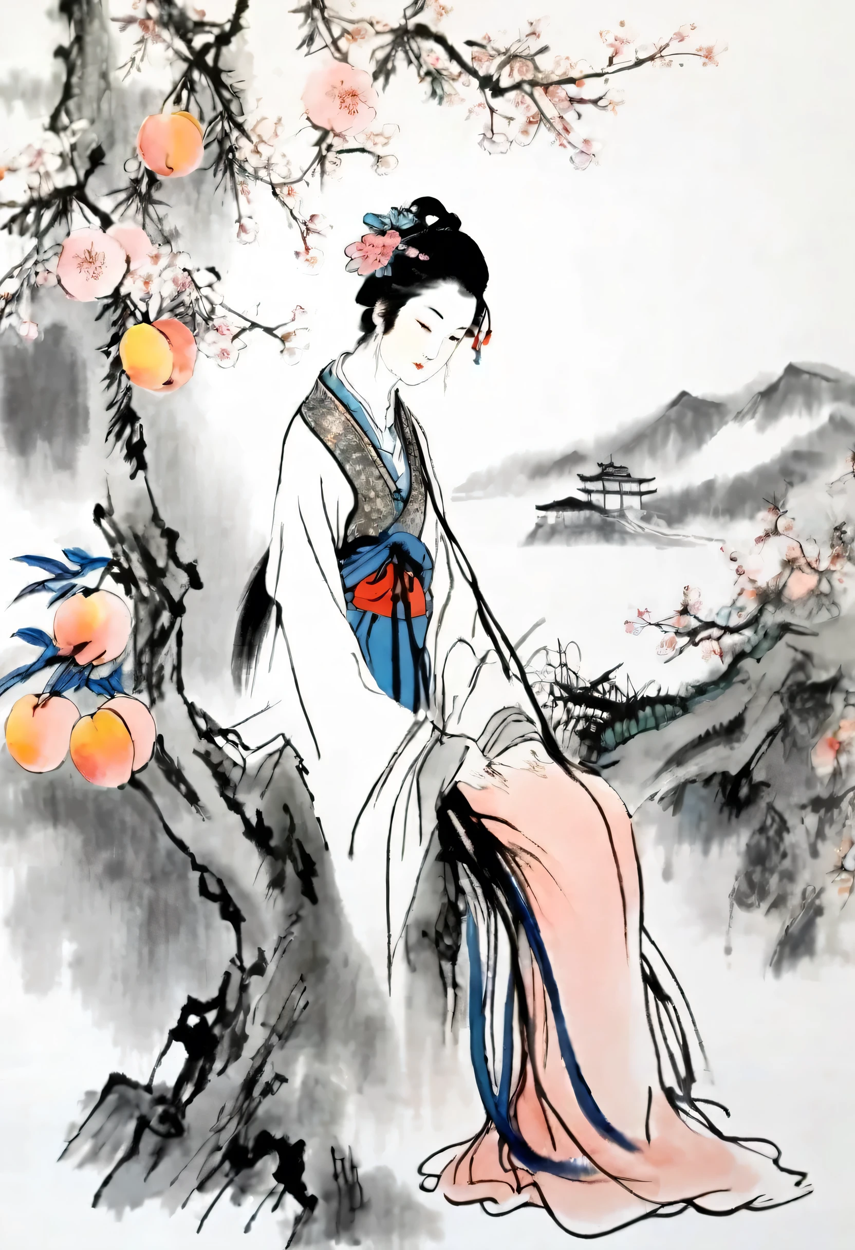 (best quality,masterpiece:1.2),Perfect and detailed face,Sitting under a peach tree,Beautiful girl,Do needlework seriously,Chinese scenery,Ink splatter,Ink texture,Ink Painting,Qi Baishi and Zhang Daqian style,Ultrafine quality,8k