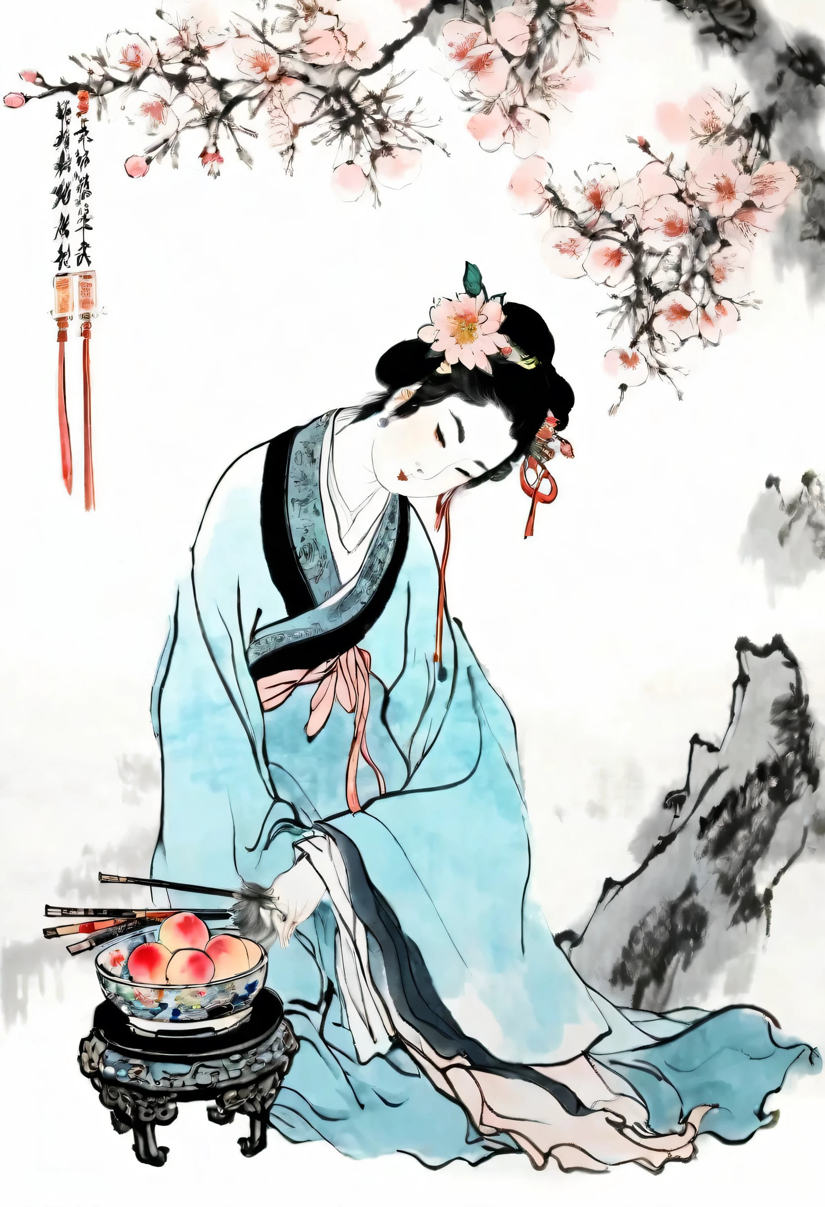 (best quality,masterpiece:1.2),Perfect and detailed face,Sitting under a peach tree,Beautiful girl,Do needlework seriously,Chinese scenery,Ink splatter,Ink texture,Ink Painting,Qi Baishi and Zhang Daqian style,Ultrafine quality,8k