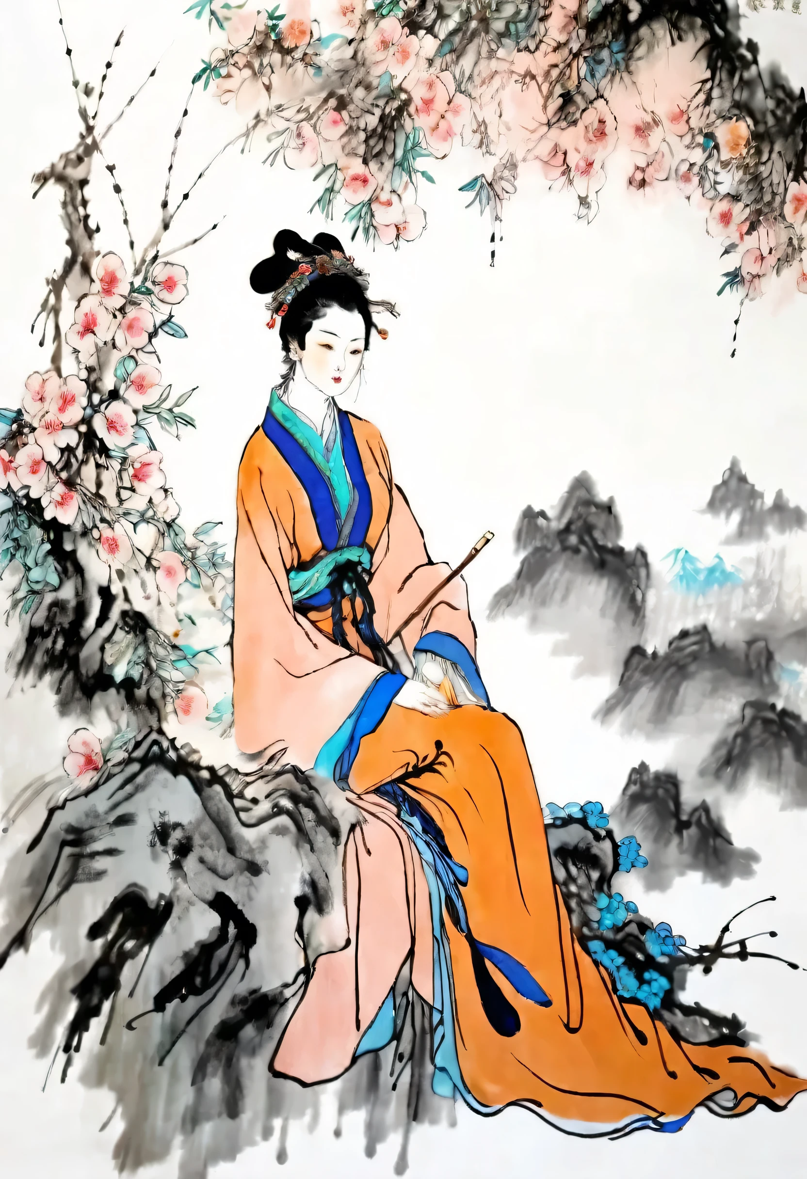 (best quality,masterpiece:1.2),Perfect and detailed face,Sitting under a peach tree,Beautiful girl,Do needlework seriously,Chinese scenery,Ink splatter,Ink texture,Ink Painting,Qi Baishi and Zhang Daqian style,Ultrafine quality,8k