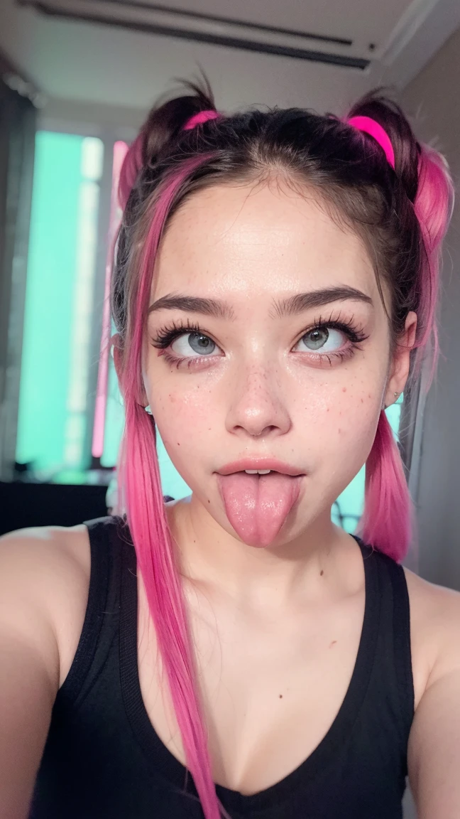 (ultra realista),Foto, alta calidad, ahegao analog photography , (low lighting), (neon ambiance) fondo claro ,retrato, 1 chica, ahegao, pelo color rosa,(chölka), ponytails hairstyle, ponytails , vista desde arriba, ojos detallados, (ultra detallado)