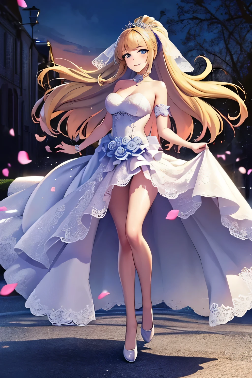 (masterpiece, top quality, best quality, official art, beautiful and aesthetic:1.2), (1girl:1.3), extremely detailed, official artstyle, highest detailed, parted lips,wallpaper,beautiful violet eyes, long hair, beautiful blonde hair, ponytail hairstyle, bangs, (happiness, beautiful smile, happy expression, happy face), ((Wedding dress, chies, Bridal veil, Wedding, Bouquet)),(full body shot), holding a flower