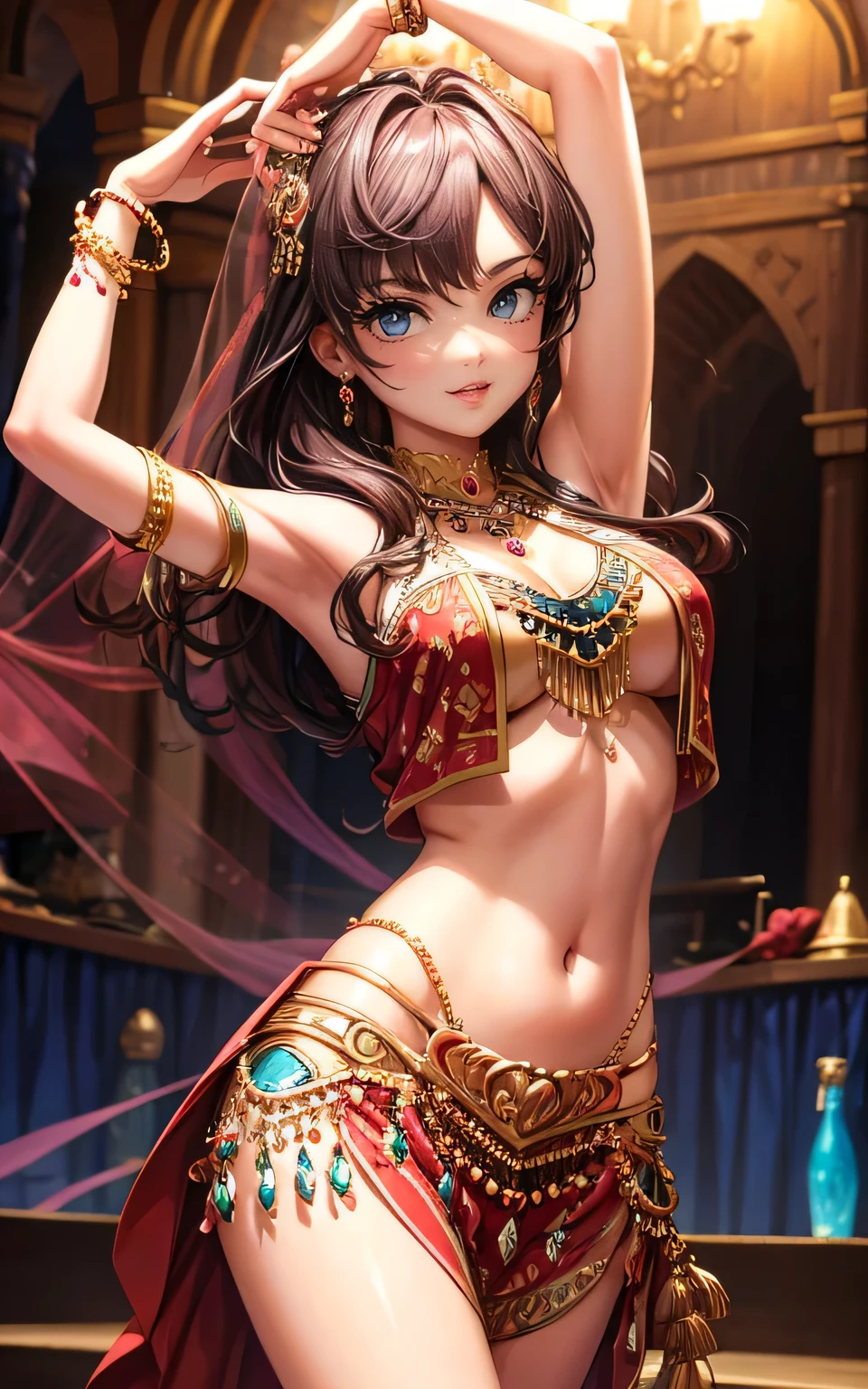 masterpeace, best quality,
highly detailed, ultra detailed, 4K,
(sharp sketch, illustration:1.1),
(perfect anatomy),
(perfect fingers, perfect hands:1.4),
BREAK
1 girl 22 years old, smile,
medium breasts, tanned skin,
toned abdomen,
BREAK
Belly Dance Costume,
(Belly Dance Costume richly decorated with jewelry),
decoration on the head, earrings, navel piercing,
BREAK
(dance belly dance, dance while spinning:1.4),
(Turn while dancing),
(shake hips and dance),
take steps,
spread arms,
looking at viewer,
(cowboy shot),
dutch angle,
BREAK
((islamic style palace)),
blurry background,