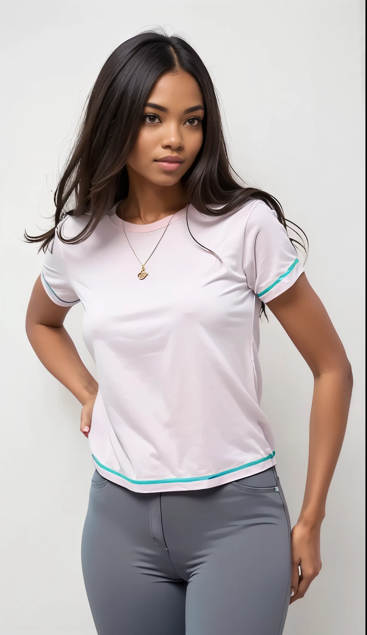 a white woman in a rosa shirt and grey pants posing for a picture, Manga curta, rosa shirt, 3/4 vista frontal, rosa clothes, roupas pastel, rosa, camiseta, splendid, Roupa casual, contorno suaves, vestindo uma camiseta muscular, pastel', vista frontal superior lateral, vestindo um top fofo, contorno suave, modern Roupa casual, e 2k