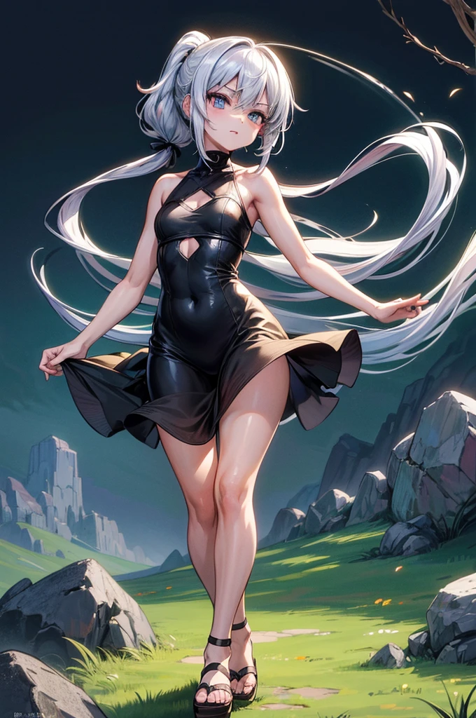 8K UHD, Digital SLR, Soft lighting, High quality, ((best quality)) ((best quality)), ((masterpiece)), (detailed), 4k image, anime style, androgynous facial looks, beautiful anime girl, arrogant and disdainful expression, silver-white hair tied into single short ponytail, chiseled and toned slender body, minimal breasts, small narrow waist protruding to tiny but shapely curves, black opaque simple knee-length sundress covering the whole body, small sandals, forestry and meadow background, human individual, short height(150cm)