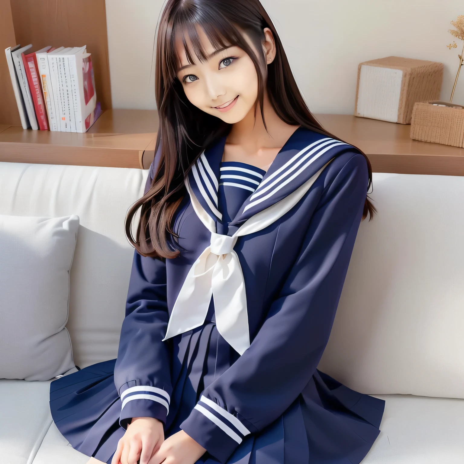 Image of a woman in her 50s wearing a sailor suit sitting on a sofa, loose coat collar Sailor suit, japanese girl school uniform, Sailor suit, japanese school uniform, JK Uniform, Magic school uniform, wear japanese school uniform, Crew suits, Seifuku, magic , , female Sailor suits, wear , Navy blue, girl wear uniform