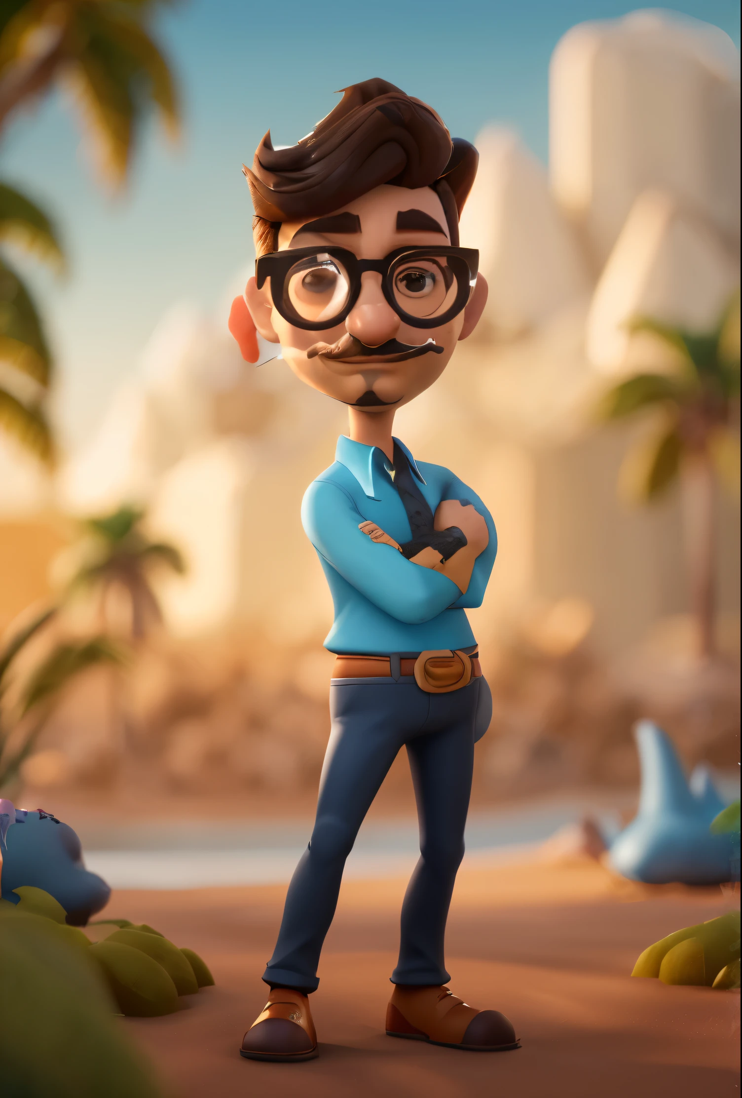 Personagem de desenho animado de um homem com bigode e barbicha na cor preto, cabelo e olhos castanhos, with round black glasses, bigode e barbicha e camisa azul com detalhes laranja, um personagem animado, Caractere estilizado, animation style rendering, 3D estilizado, Arnold Maya rendering, Stylized 3D rendering, toon render screenshot, Personagem 3D, Personagem 3D, Stylized 3D rendering, 3D character rendering, personagem de desenho animado, Personagem de close up, Pose de personagem, (Estilo Pixar) (parte mestre:1.2) (Bokeh) (melhor qualidade) (pele detalhada) (textura detalhada) (8K) (argila) (cinematic lighting) (sharp focus,Senta e vaza a parte superior do corpo