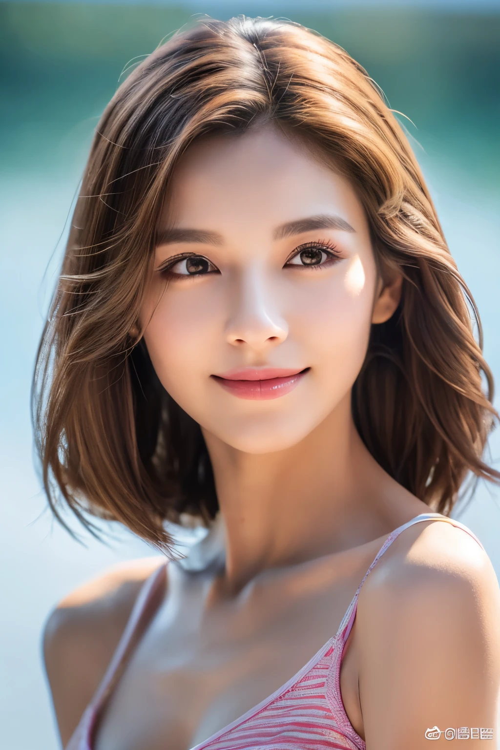 8K,Brown short hair,Pretty woman,Super Beauty(Like the real thing),Colorful summer clothes,Shorts,Big smile,Lakeside,Perfect Anatomy,charm,Volume measurement,Body balance,Digital single-lens reflex camera, Soft lighting, Detailed Background, Written boundary depth, Volumetric lighting, Sharp focus, Absurd, Realistic proportions, Excellent anatomy, (Realistic, 超Realistic:1.4), 16K HDR, dawn,A High Resolution,super Realistic 肌,Super beautiful expression,Fantasy art,Character Art,Wind effects:1.9、Cloud Effect:1.2、Full Rendering、Professional quality high resolution、Perfect contrast、Perfect lighting、Perfect composition、Perfect Skin、Perfect Fingers、Perfect breasts、Perfect Hair、Perfect Face、Realistic facial features,super highest quality,Slim figure,Perfect body line,Perfect hand shape,Anatomical body balance,Highly detailed face,Highly detailed eyes,Beautiful Lips,Excellent light particles,Cinema Lighting,Makeup,Ultra-high resolution,Ultra-Realistic Skin,