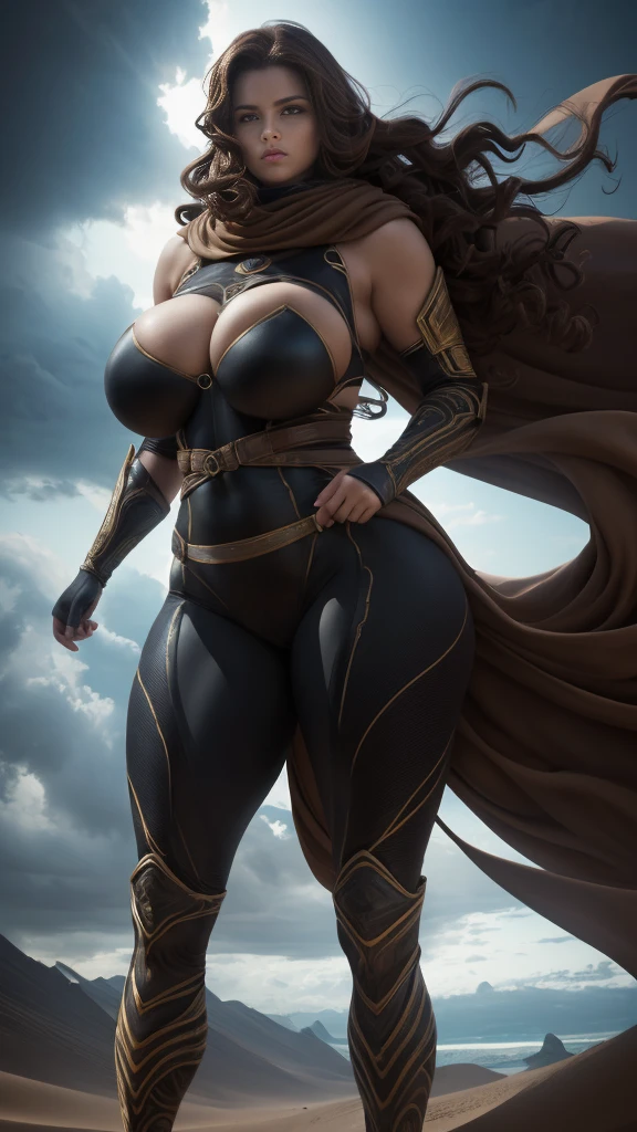 a digital illustration portraying a girl clad in an intricately designed Fremen suit reminiscent of the universe in Frank Herbert's "Dune." The suit boasts meticulous detailing, showcasing its desert-friendly features, including sand-resistant layers, functional utility belts, and a protective headscarf. Against the backdrop of a ferocious desert storm, she stands defiant, the tempest swirling around her. The artwork adopts a hyperrealistic style, accentuating the tactile feel of the suit's texture and the dramatic contrast of light and shadow in the midst of the storm, (Thick thighs:1.3), (huge breasts:1.4), ((CHUBBY:1.2)) (( shoulder length curly brunette hair,))