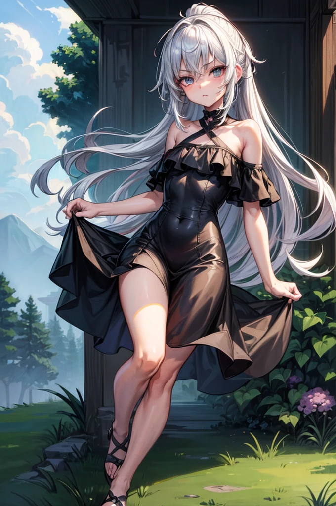 8K UHD, Digital SLR, Soft lighting, High quality, ((best quality)) ((best quality)), ((masterpiece)), (detailed), 4k image, anime style, androgynous facial looks, beautiful anime girl, arrogant and disdainful expression, silver-white hair tied into single short ponytail, chiseled and toned slender body, minimal breasts, small narrow waist protruding to tiny but shapely curves, black opaque simple knee-length sundress covering the whole body, small sandals, forestry and meadow background, human individual, short height(150cm)