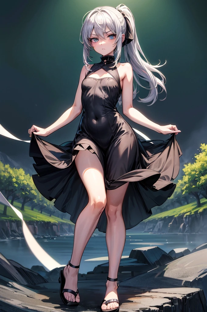 8K UHD, Digital SLR, Soft lighting, High quality, ((best quality)) ((best quality)), ((masterpiece)), (detailed), 4k image, anime style, androgynous facial looks, beautiful anime girl, arrogant and disdainful expression, silver-white hair tied into single short ponytail, chiseled and toned slender body, minimal breasts, small narrow waist protruding to tiny but shapely curves, black opaque simple knee-length sundress covering the whole body, small sandals, forestry and meadow background, human individual, short height(150cm)