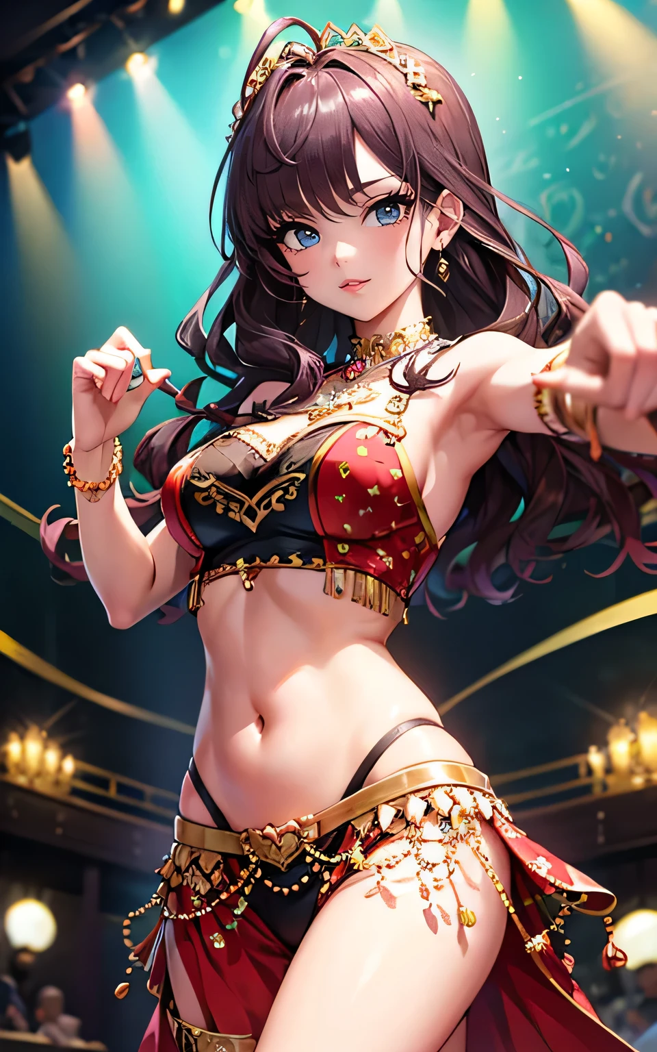 masterpeace, best quality,
highly detailed, ultra detailed, 4K,
(sharp sketch, illustration:1.1),
(perfect anatomy),
(perfect fingers, perfect hands:1.4),
BREAK
1 girl 22 years old, smile,
medium breasts, tanned skin,
toned abdomen,
BREAK
Belly Dance Costume,
(Belly Dance Costume richly decorated with jewelry),
decoration on the head, earrings, navel piercing,
BREAK
(dance belly dance, dance while spinning:1.4),
(Turn while dancing),
(shake hips and dance),
take steps,
spread arms,
looking at viewer,
(cowboy shot),
dutch angle,
BREAK
((islamic style palace)),
blurry background,