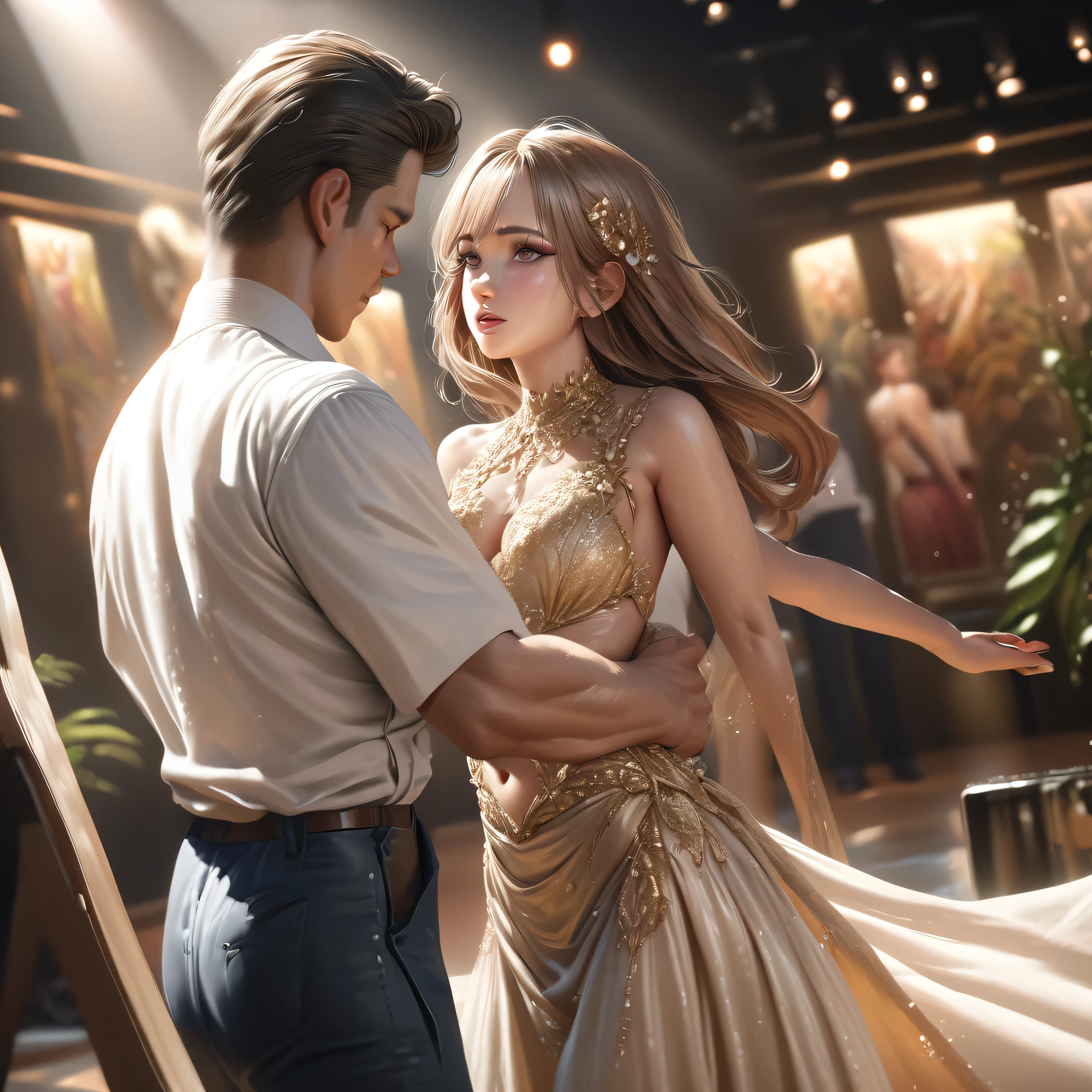 1 girl in a vibrant underwater oasis, performing a latin ballroom dance with a male partner, wearing intricate gold and gemstone-adorned costumes, graceful and elegant poses, masterpiece, (best quality,4k,8k,highres,masterpiece:1.2),ultra-detailed,(realistic,photorealistic,photo-realistic:1.37),HDR,UHD,studio lighting,ultra-fine painting,sharp focus,physically-based rendering,extreme detail description,professional,vivid colors,bokeh,portrait