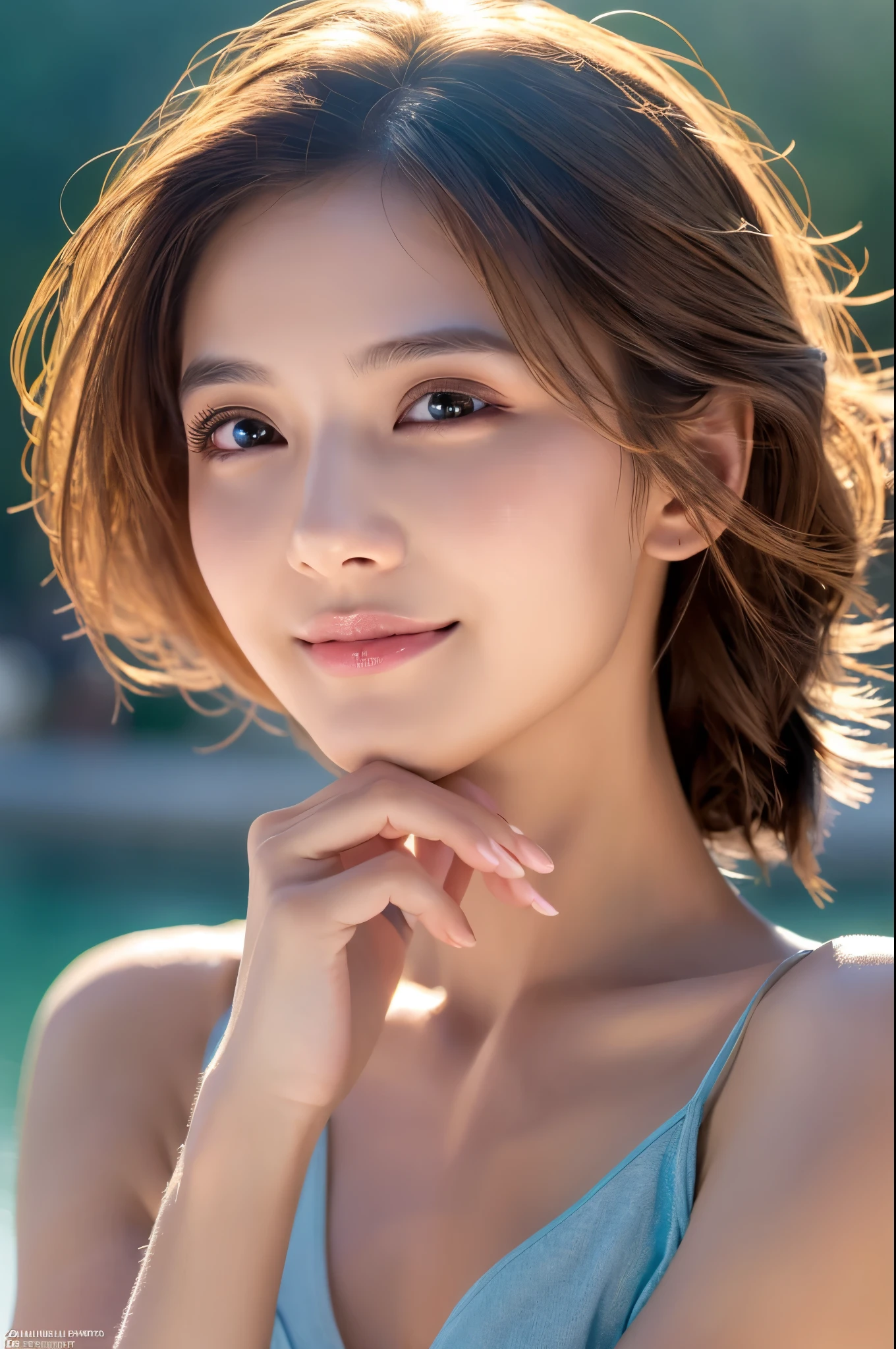 8K,Brown short hair,Pretty woman,Super Beauty(Like the real thing),Colorful summer clothes,Shorts,Big smile,Lakeside,Perfect ???????,charm,Volume measurement,Body balance,Digital single-lens reflex camera, Soft lighting, Detailed Background, Written boundary depth, Volumetric lighting, Sharp focus, Absurd, Realistic proportions, Excellent ???????, (Realistic, 超Realistic:1.4), 16K HDR, dawn,A High Resolution,super Realistic 肌,Super beautiful expression,Fantasy art,Character Art,Wind effects:1.9、Cloud Effect:1.2、Full Rendering、Professional quality high resolution、Perfect contrast、Perfect lighting、Perfect composition、Perfect Skin、Perfect Fingers、Perfect breasts、Perfect Hair、Perfect Face、Realistic facial features,super highest quality,Slim figure,Perfect body line,Perfect hand shape,Anatomical body balance,Highly detailed face,Highly detailed eyes,Beautiful Lips,Excellent light particles,Cinema Lighting,Makeup,Ultra-high resolution,Ultra-Realistic Skin,