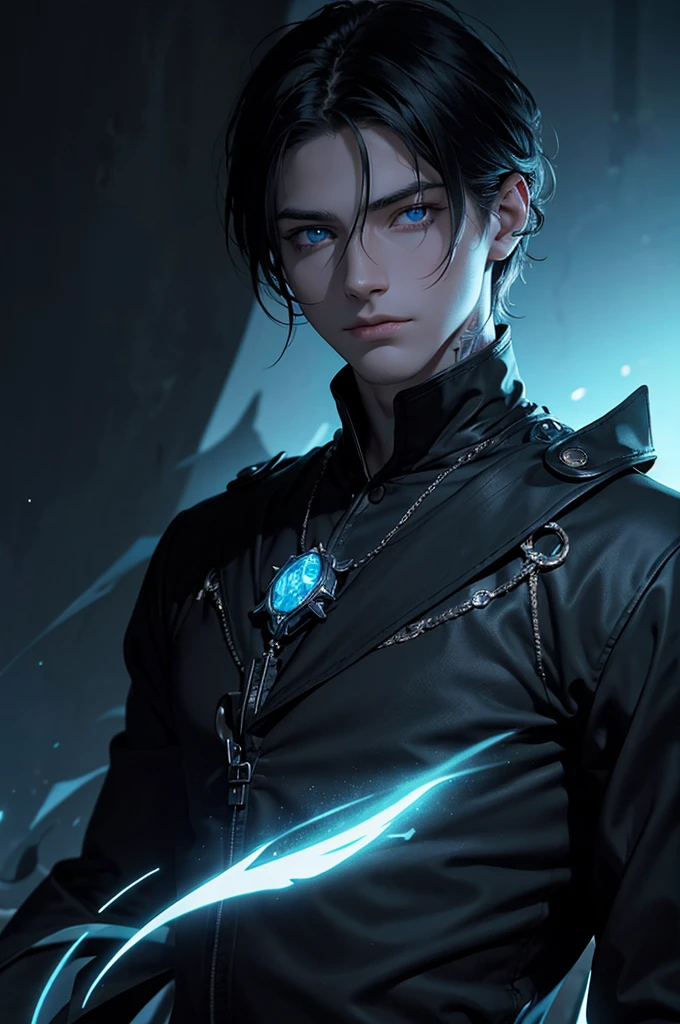 young man in the shadows, MAN, only face, blue eyes that glow in the dark, detailed eye color, luminescent eyes, dark, penombre, black hair, tenebrous covering the top of the image, magic tattoo, very short hair, piercing.