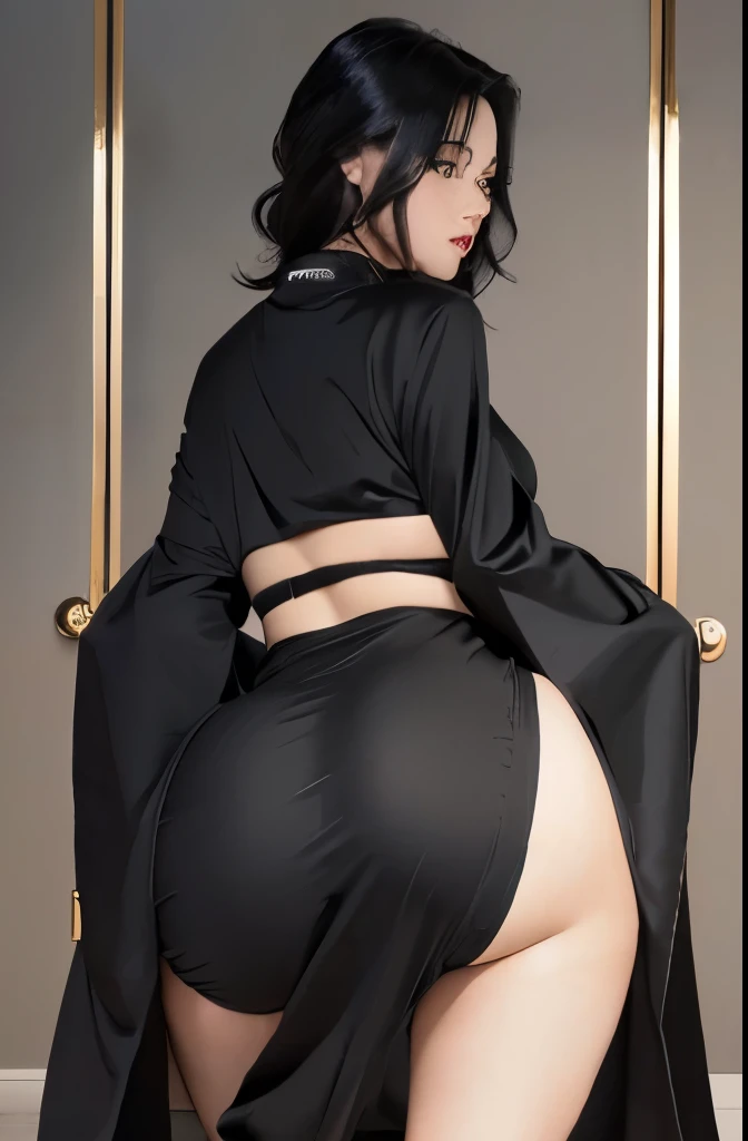 picture of a woman in a black outfit with a big ass, beautiful girl squatting, bending over, thicc, lit from behind, the girl is crouching, (sfw) safe for work, looking from behind, commission for high res, black - haired mage, thick black lineart, oc commission, black-white skintight robes!