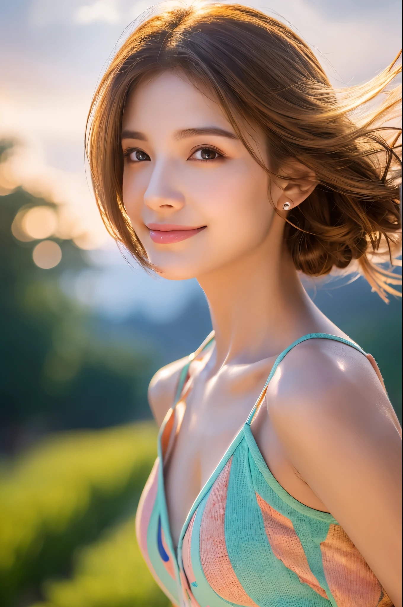 8K,Brown short hair,Pretty woman,Super Beauty(Like the real thing),Colorful summer clothes,Shorts,Big smile,Lakeside,Perfect Anatomy,charm,Volume measurement,Body balance,Digital single-lens reflex camera, Soft lighting, Detailed Background, Written boundary depth, Volumetric lighting, Sharp focus, Absurd, Realistic proportions, Excellent anatomy, (Realistic, 超Realistic:1.4), 16K HDR, dawn,A High Resolution,super Realistic 肌,Super beautiful expression,Fantasy art,Character Art,Wind effects:1.9、Cloud Effect:1.2、Full Rendering、Professional quality high resolution、Perfect contrast、Perfect lighting、Perfect composition、Perfect Skin、Perfect Fingers、Perfect breasts、Perfect Hair、Perfect Face、Realistic facial features,super highest quality,Slim figure,Perfect body line,Perfect hand shape,Anatomical body balance,Highly detailed face,Highly detailed eyes,Beautiful Lips,Excellent light particles,Cinema Lighting,Makeup,Ultra-high resolution,Ultra-Realistic Skin,Dynamic pose,