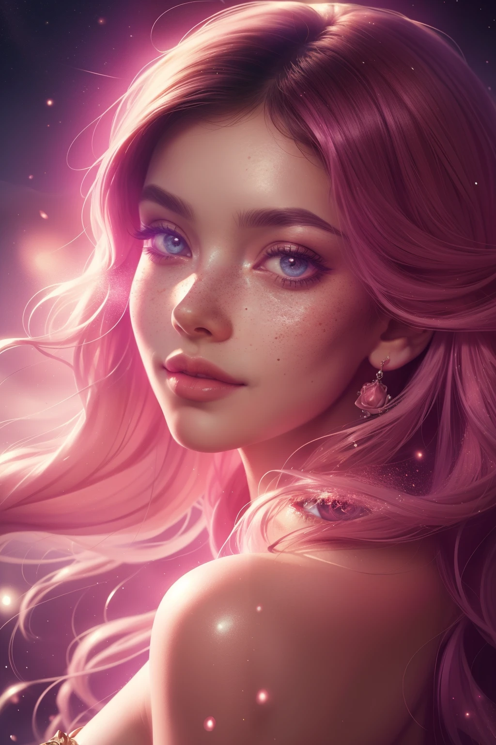 (This is a beautiful, intricate, (romatic) fantasy image that emphasizes beauty and grace.) Generate a blind curvy woman with soft natural freckles. Her face is important and should be (perfectly formed) with (beautiful puffy lips) and (perfect features). There is a cute freckle birthmark on her lip. The image exudes ethereal beauty and soft fantasy, with shimmering shades of pink throughout. Surround her with eternal roses in shimmering shades. Ensure perfection in her face, hair, and eyes. Include sweet and detailed birds and soft, luminous flowers and detailed roses. Utilize dynamic composition and dramatic lighting and cinematic lighting to create an interesting fantasy image. The background of the image is interesting and ultra-detailed, with soft fantasy lighting and gradients. Include fantasy details, cute aura, colorful, colourful, and interesting magical background. The image's background is decorated in shades of pink, shimmer, glitter, and fantasy details like colored bubbles and cosmos. Include subtle freckles, natural freckles and a diffused realistic skin tone. Incorporate elements of high fantasy, whimsy, and detailed elegance. English rose, princess, courtesan, noblewoman, sweet, lovely, calm, lovely, shimmering, glimmering, glittering, astrological fantasy, (((masterpiece))), (highest quality), magic rose, fantasy garden, beautiful face, perfect face, puffy lips, interesting, shy smile, fantasy elements, magic rose, beautiful eyes, perfect puffy lips, jewel tones, luminosity. Taken with a canon camera.