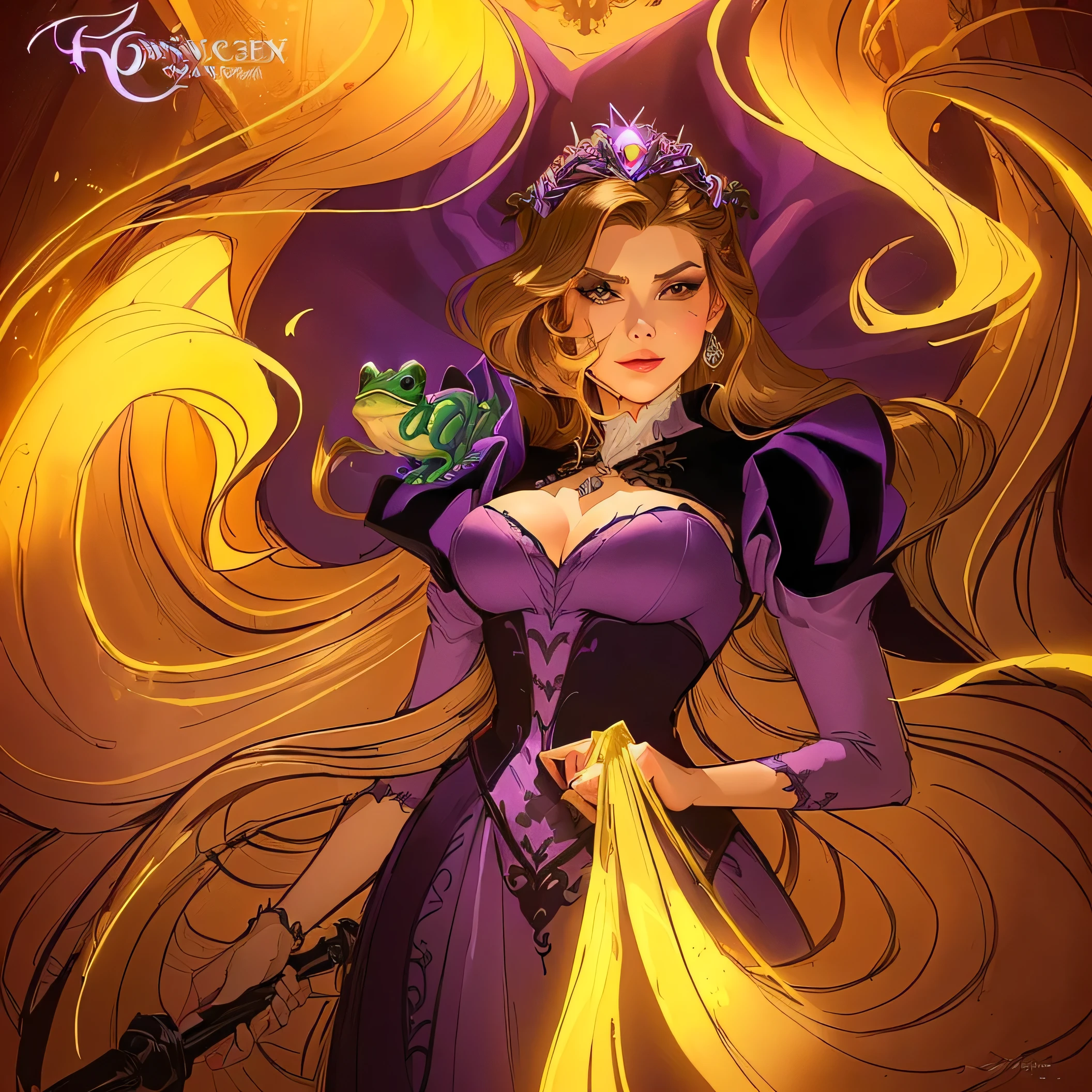 a cartoon picture of a woman in a purple dress holding a frog, liliana vess, female disney villain, jen bartel, brittney lee, disney villain, rapunzel, goddess of mischief, disney art style, evil princess, princess of amethyst, the princess of power, megara, portrait of megara, tangled, full color digital illustration