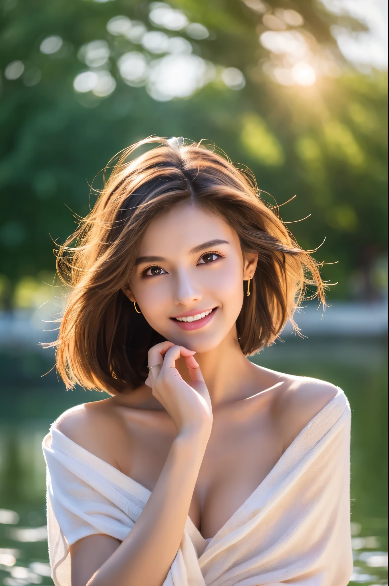 8K,Brown short hair,Pretty woman,Super Beauty(Like the real thing),Colorful summer clothes,Shorts,Big smile,Lakeside,Perfect Anatomy,charm,Volume measurement,Body balance,Digital single-lens reflex camera, Soft lighting, Detailed Background, Written boundary depth, Volumetric lighting, Sharp focus, Absurd, Realistic proportions, Excellent anatomy, (Realistic, 超Realistic:1.4), 16K HDR, dawn,A High Resolution,super Realistic 肌,Super beautiful expression,Fantasy art,Character Art,Wind effects:1.9、Cloud Effect:1.2、Full Rendering、Professional quality high resolution、Perfect contrast、Perfect lighting、Perfect composition、Perfect Skin、Perfect Fingers、Perfect breasts、Perfect Hair、Perfect Face、Realistic facial features,super highest quality,Slim figure,Perfect body line,Perfect hand shape,Anatomical body balance,Highly detailed face,Highly detailed eyes,Beautiful Lips,Excellent light particles,Cinema Lighting,Makeup,Ultra-high resolution,Ultra-Realistic Skin,Dynamic pose,