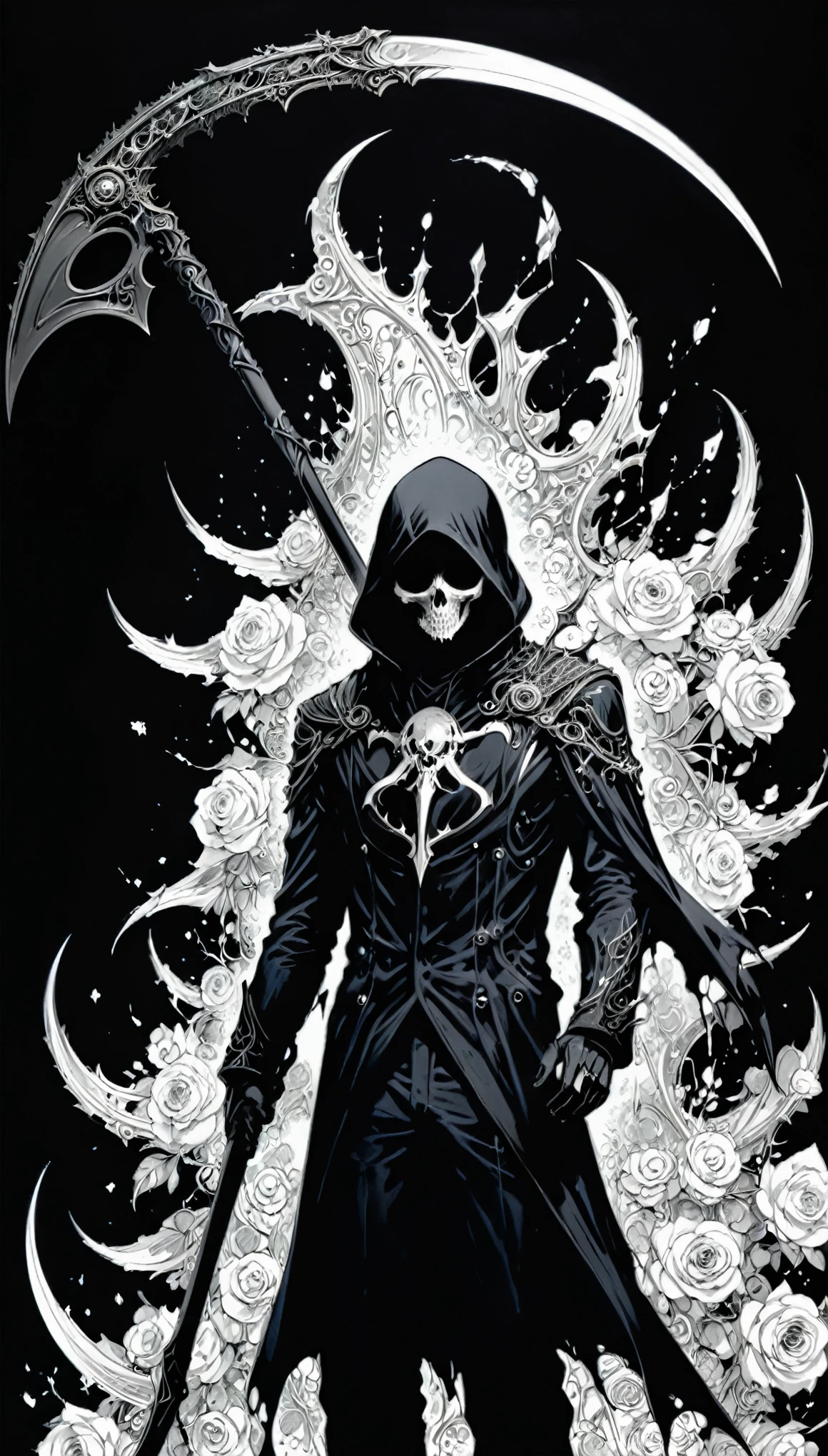 (Anime line drawing:1.5),(Black and White:1.45),Minimalism,(Line Art:1.6),sketch,charcoal drawing,in style of Nick Veasey,by Hirohiko Araki,
BREAK
Black Reaper,(broken torn cape:1.4),the lines of movement of the wind,holding Scythe of Death,(intricate details:1.7),the fine texture of the sickle,(gorgeous and heavy scythe:1.2),epitaxial alienation of the sickle,
BREAK
(bloom:1.3),(full bloom:1.3),dodgerblue Rose,Ominous Red,the energy atmosphere of the grim reaper,
BREAK
(Blood splatter:1.3),(paint splatter:1.2),(dripping paint:1.2),insanely detailed and intricate, hypermaximalist, elegant, ornate, hyper realistic, super detailed