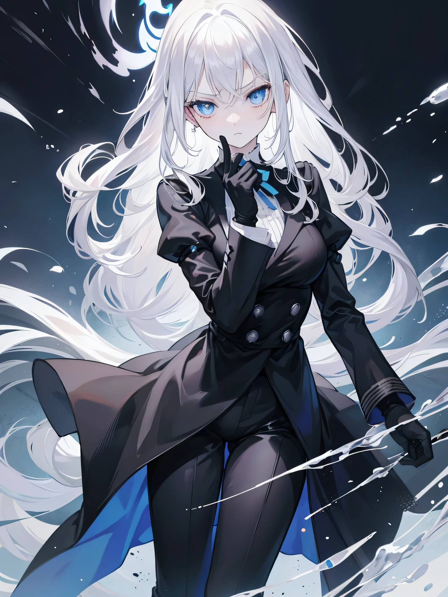 1girl, medium white hair, blue eyes, wearing all black butler uniform, black undershirt, black gloves, black pants, emotionless expression, high res, ultrasharp, 8K, masterpiece, looking at viewer