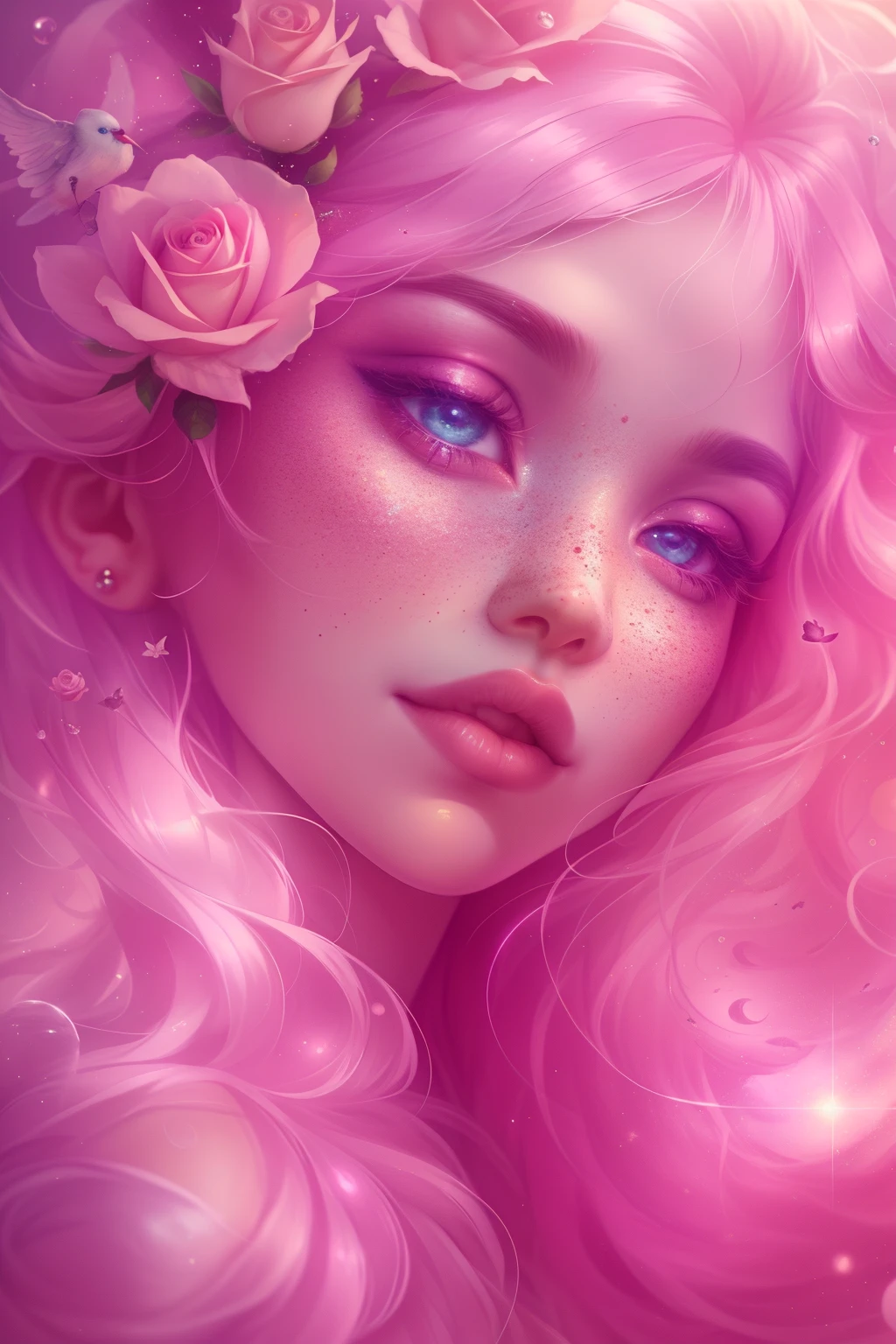 (This is a beautiful, intricate, (romatic) fantasy image that emphasizes beauty and grace.) Generate a blind curvy woman with soft natural freckles. Her face is important and should be (perfectly formed) with (beautiful puffy lips) and (perfect features). There is a cute freckle birthmark on her lip. The image exudes ethereal beauty and soft fantasy, with shimmering shades of pink throughout. Surround her with eternal roses in shimmering shades. Ensure perfection in her face, hair, and eyes. Include sweet and detailed birds and soft, luminous flowers and detailed roses. Utilize dynamic composition and dramatic lighting and cinematic lighting to create an interesting fantasy image. The background of the image is interesting and ultra-detailed, with soft fantasy lighting and gradients. Include fantasy details, cute aura, colorful, colourful, and interesting magical background. The image's background is decorated in shades of pink, shimmer, glitter, and fantasy details like colored bubbles and cosmos. Include subtle freckles, natural freckles and a diffused realistic skin tone. Incorporate elements of high fantasy, whimsy, and detailed elegance. English rose, princess, courtesan, noblewoman, sweet, lovely, calm, lovely, shimmering, glimmering, glittering, astrological fantasy, (((masterpiece))), (highest quality), magic rose, fantasy garden, beautiful face, perfect face, puffy lips, interesting, shy smile, fantasy elements, magic rose, beautiful eyes, perfect puffy lips, jewel tones, luminosity. Taken with a canon camera.