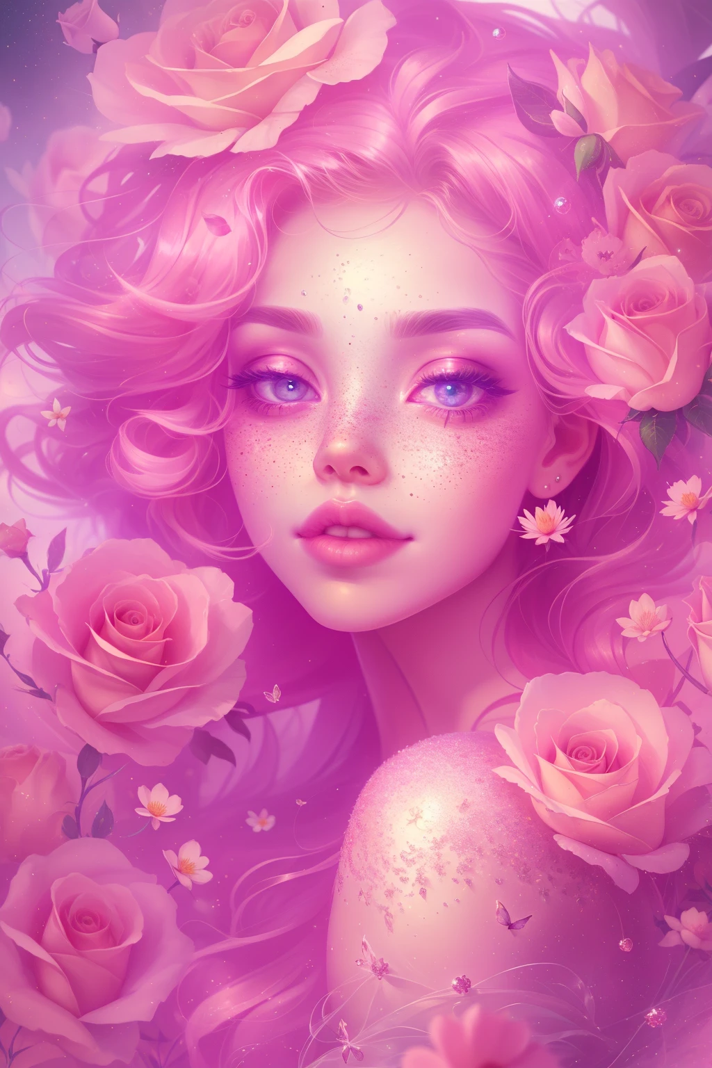 (This is a beautiful, intricate, (romatic) fantasy image that emphasizes beauty and grace.) Generate a blind curvy woman with soft natural freckles. Her face is important and should be (perfectly formed) with (beautiful puffy lips) and (perfect features). There is a cute freckle birthmark on her lip. The image exudes ethereal beauty and soft fantasy, with shimmering shades of pink throughout. Surround her with eternal roses in shimmering shades. Ensure perfection in her face, hair, and eyes. Include sweet and detailed birds and soft, luminous flowers and detailed roses. Utilize dynamic composition and dramatic lighting and cinematic lighting to create an interesting fantasy image. The background of the image is interesting and ultra-detailed, with soft fantasy lighting and gradients. Include fantasy details, cute aura, colorful, colourful, and interesting magical background. The image's background is decorated in shades of pink, shimmer, glitter, and fantasy details like colored bubbles and cosmos. Include subtle freckles, natural freckles and a diffused realistic skin tone. Incorporate elements of high fantasy, whimsy, and detailed elegance. English rose, princess, courtesan, noblewoman, sweet, lovely, calm, lovely, shimmering, glimmering, glittering, astrological fantasy, (((masterpiece))), (highest quality), magic rose, fantasy garden, beautiful face, perfect face, puffy lips, interesting, shy smile, fantasy elements, magic rose, beautiful eyes, perfect puffy lips, jewel tones, luminosity. Taken with a canon camera.