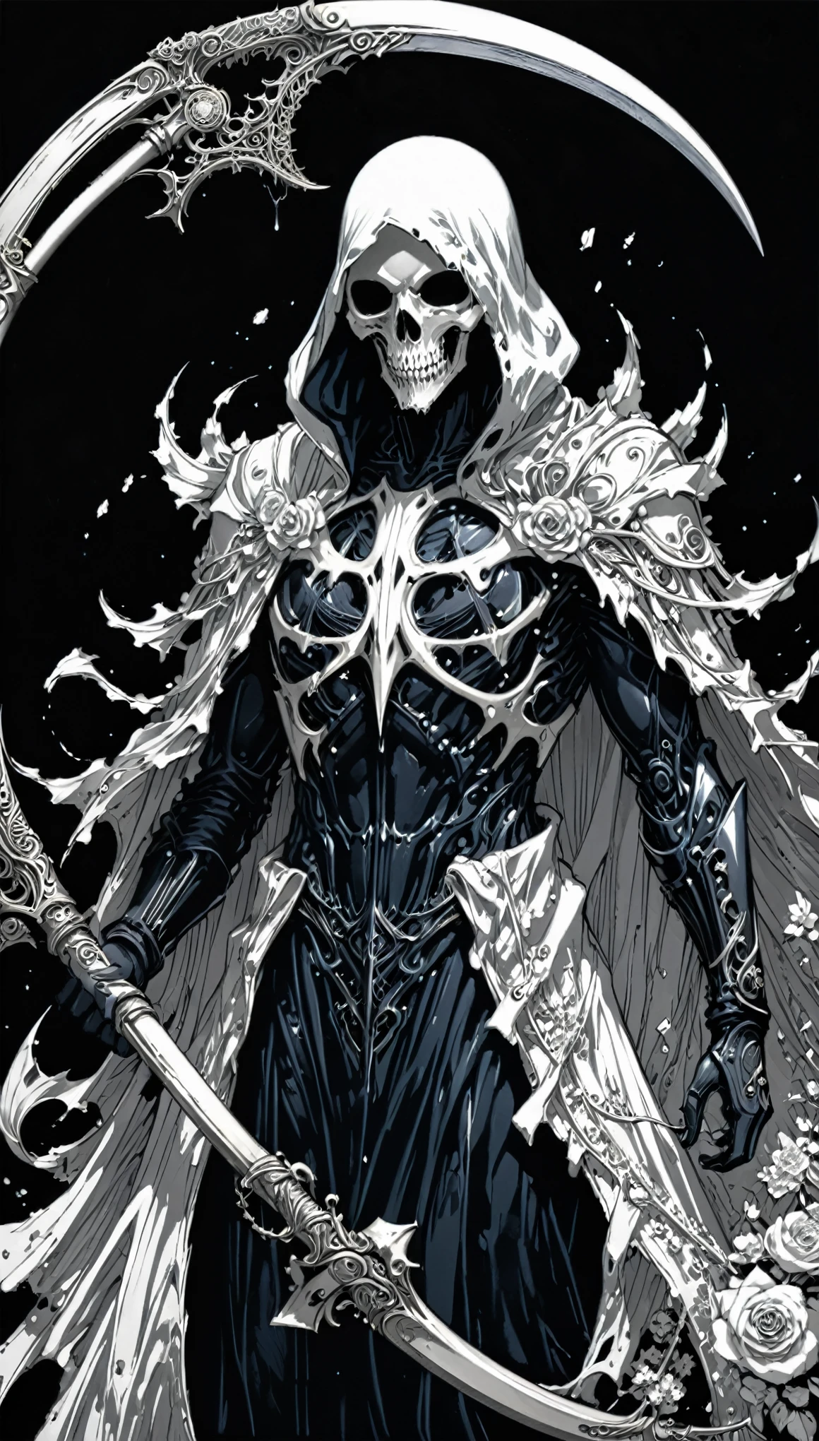 (Anime line drawing:1.5),(Black and White:1.45),Minimalism,(Line Art:1.6),sketch,charcoal drawing,in style of Nick Veasey,by Hirohiko Araki,
BREAK
Black Reaper,(broken torn cape:1.4),the lines of movement of the wind,holding Scythe of Death,(intricate details:1.7),the fine texture of the sickle,(gorgeous and heavy scythe:1.2),epitaxial alienation of the sickle,
BREAK
(bloom:1.3),(full bloom:1.3),dodgerblue Rose,Ominous Red,the energy atmosphere of the grim reaper,
BREAK
(Blood splatter:1.3),(paint splatter:1.2),(dripping paint:1.2),insanely detailed and intricate, hypermaximalist, elegant, ornate, hyper realistic, super detailed