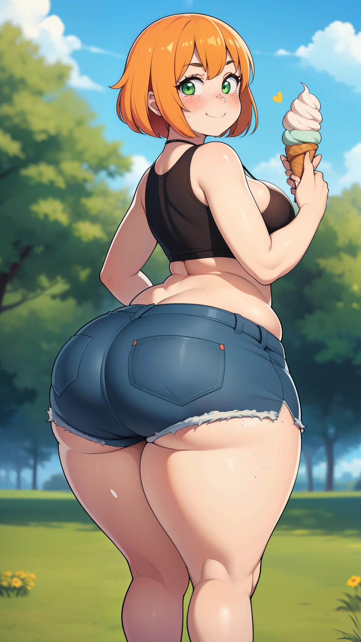 ((highres)), Masterpiece, high quality, best quality, beautiful, perfect lighting, detailed face, ultra cute face, from behind, ((1girl)), ((solo), short fluffy orange hair, green eyes, freckles, ((blush)), sweet smile, looking at viewer, holding ice cream, standing in a park, (park), daytime, crop top, shorts, (thick thighs), wide hips, fat , skinny, clemedium breasts), 2old female,