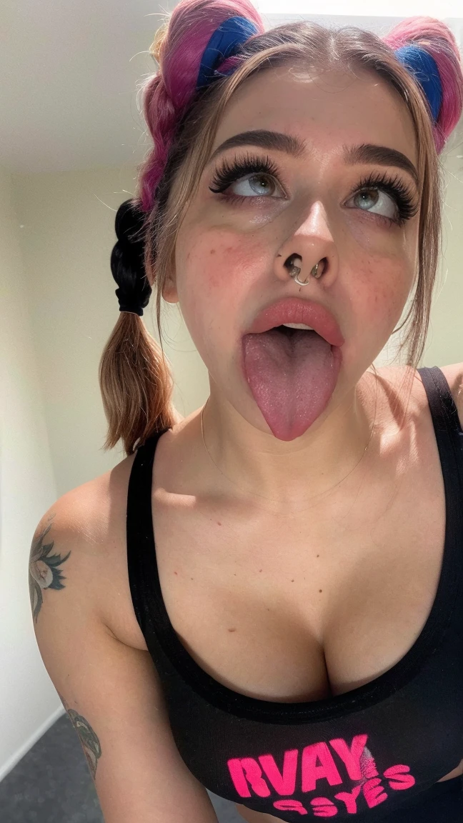 (ultra realista),Foto, alta calidad, ahegao analog photography , (low lighting), (neon ambiance) fondo claro ,retrato, 1 chica, ahegao, pelo color rosa,(chölka), ponytails hairstyle, ponytails , vista desde arriba, ojos detallados, (ultra detallado), spit, sloppy mouth, long tongue