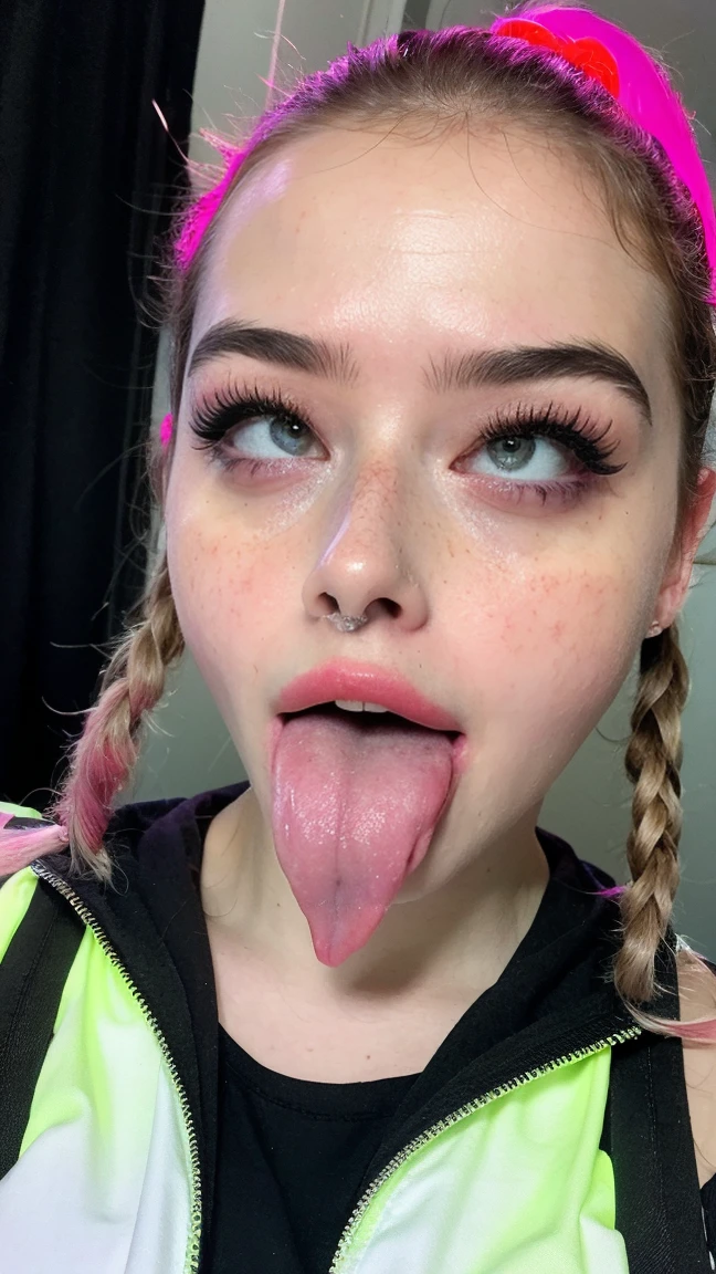 (ultra realista),Foto, alta calidad, ahegao analog photography , (low lighting), (neon ambiance) fondo claro ,retrato, 1 chica, ahegao, pelo color rosa,(chölka), ponytails hairstyle, ponytails , vista desde arriba, ojos detallados, (ultra detallado), spit, sloppy mouth, long tongue