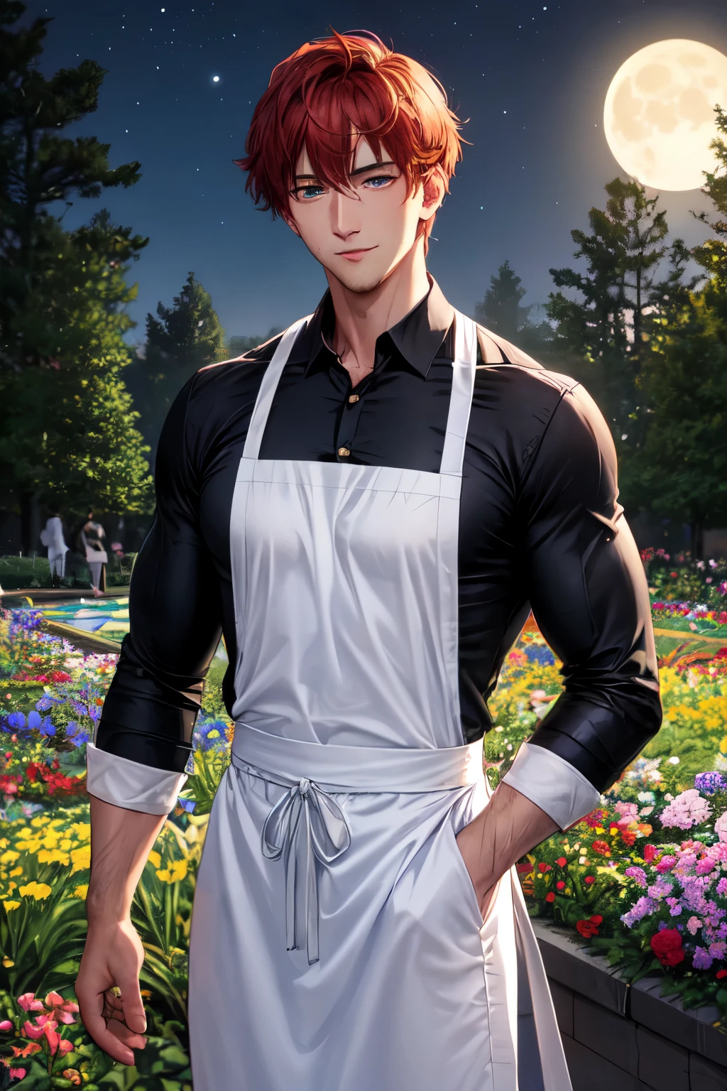 A handsome man with short red hair and blue eyes in Wear a white long-sleeved collared shirt with black trousers,Handsome man,The scar was cut on the mouth., muscle, Daddy ,Black apron,Benign,Moon Watching at the Flower Garden at night