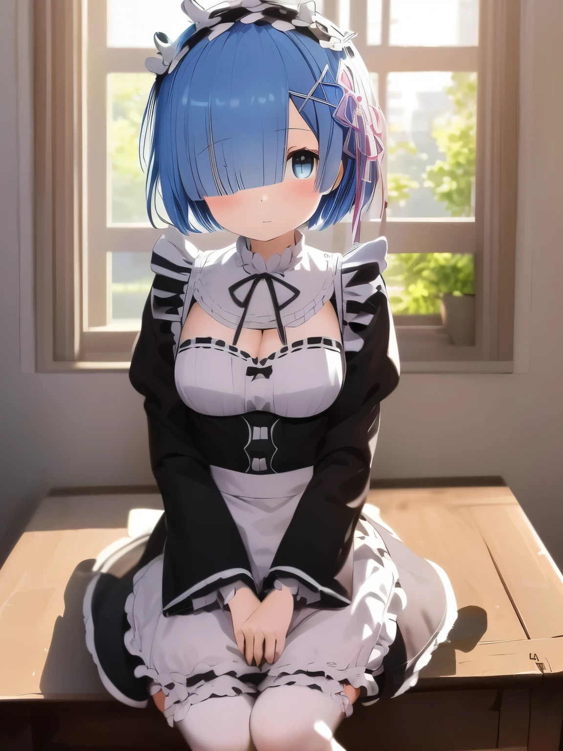 masutepiece, Best Quality, hight resolution, ram1, 1girl in, Solo, Remu \(Re:Staynight\), Blue hair, white thighhig, Short hair, Red Eyes, Hair over one eye, Ribbon trim, Hair Ribbon, X Hair Ornament, frilld, Maid headdress, Waist apron, garter strap, a black ribbon, medium breasts, cleavage, Long sleeves, White Apron, Neck ribbon, Purple Ribbon, Wide sleeves, Hair Flower, Indoors, Sitting, crossed legs,