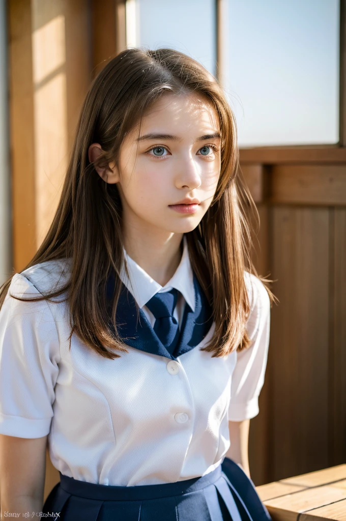 ( masterpiece, top quality, best quality,8k,17 years old girl,ultra detailed,raw photo:1.5),(photorealistic:1.4),(cinematic lighting), PerfectNwsjMajic, , Surrealism, UHD, ccurate, Super detail, textured skin, High detail, Best quality, dynamic angle, (high nose,White skin),[Beautiful blue eyes],(1girl),(good anatomy:0.5)),in the classroom,upper body,Real people,warm sun,School uniforms, straight hair