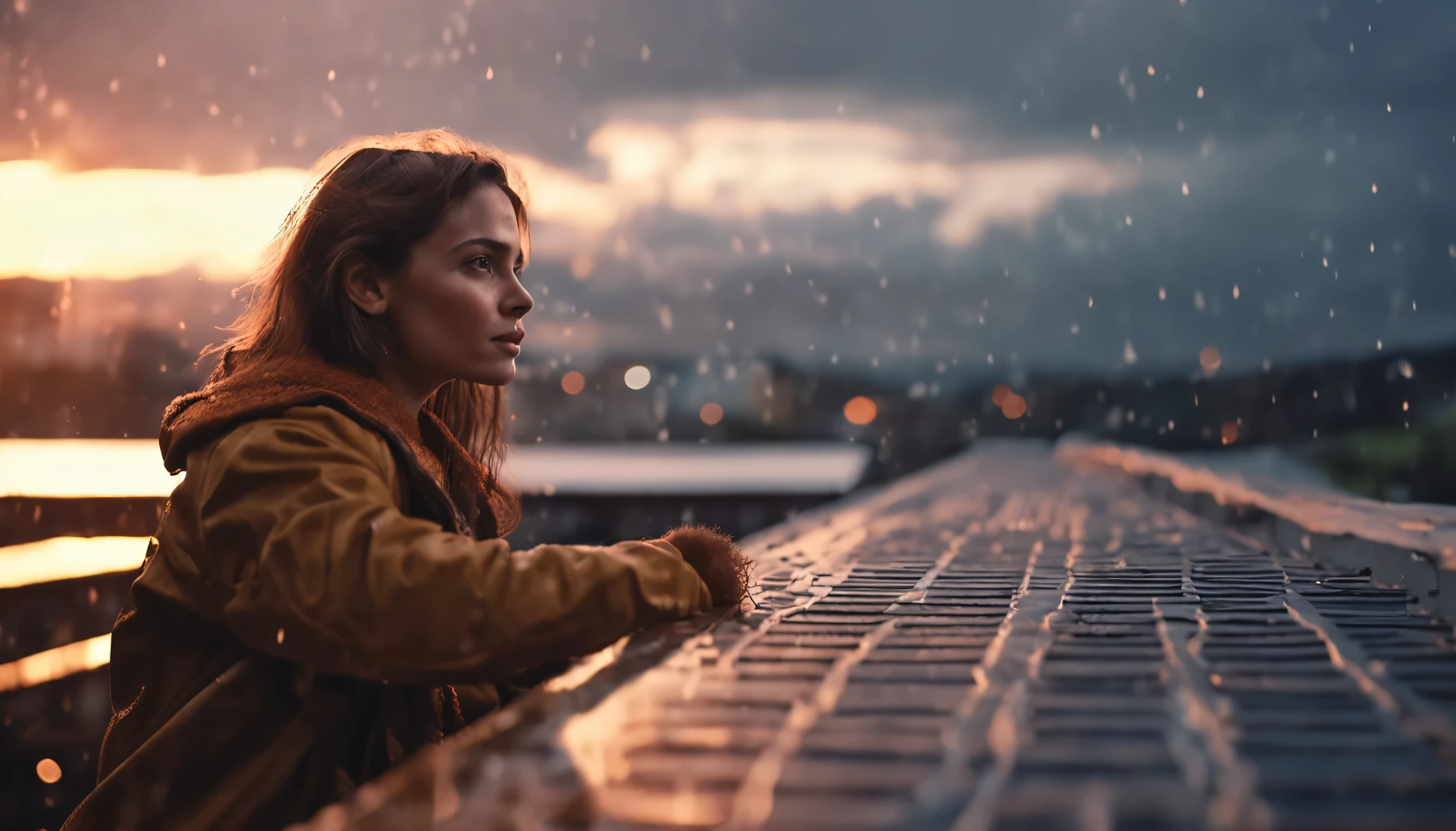 Beautiful girl enjoying rain on the roof of a house at sunset, 8K, Photorealistic