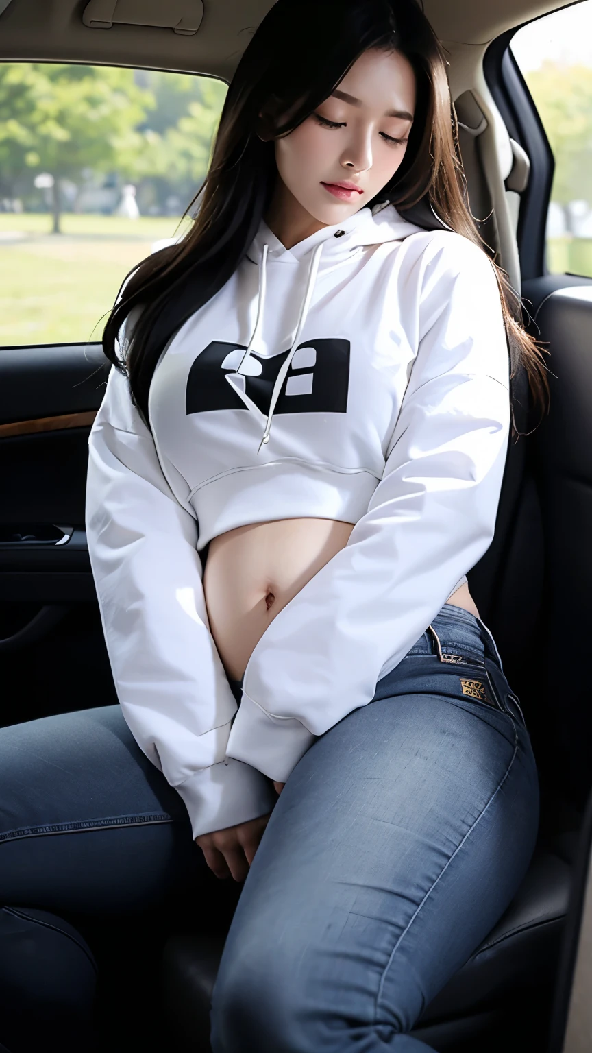 (photorealistic),(masterpiece),(ultra-detailed),a very pretty and sexy 20 year old girl holding more than liters of pee, sitting in a car seat ,wearing crop bubble jacket and tight black jeans, hands jammed between thighs, legs crossed tightly, lower abdomen part of the tight black jeans bulging from full bladder as big sphere as if she was fully nine months pregnant with ten kids but smooth rounded ,enduring extreme urge to pee,eyes slightly closed,pee about to come out,sweating,wearing skin tight black jeans,pee about to burst out