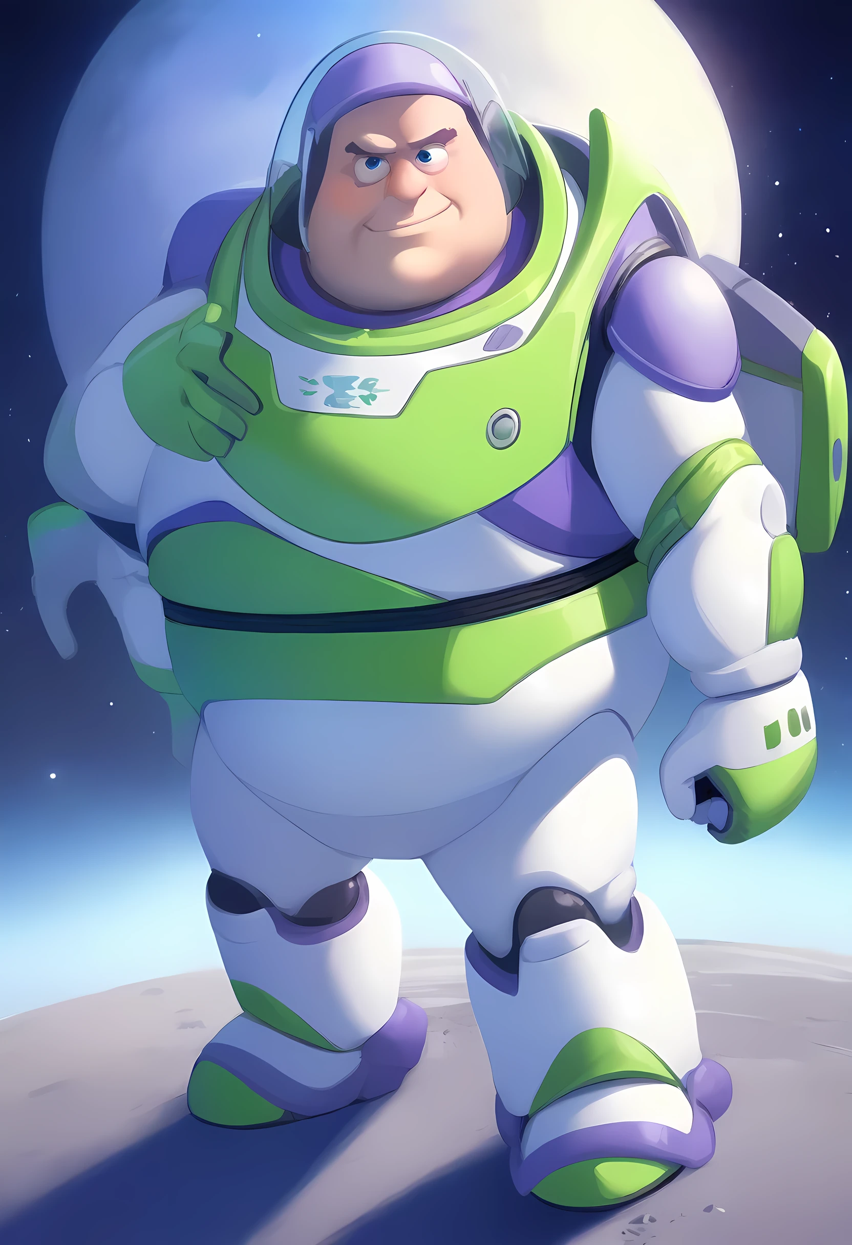 1boy, male focus, buzz lightyear, toy story, full body shot, large glass helmet, on the moon, masterpiece, best quality, very aesthetic, absurdres, (fatty:1.4)