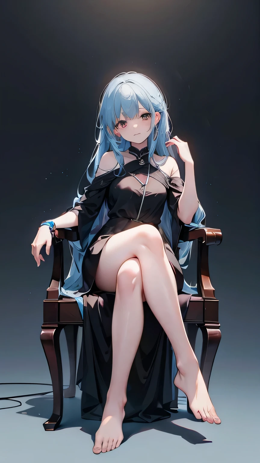 (Perfect face)),Blue Hair,long hair,1 female,singer,Black off-the-shoulder dress,barefoot,((simple light background)),((Smile)),((whole body)),((whole body)),Portraits,List of roles,sit on the chair,Cross your legs,Slightly raised sole