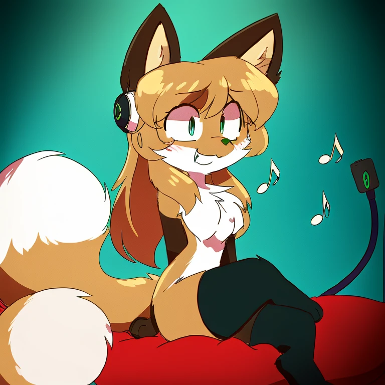 Nervous smiling, uploaded the e621, indoors, on a bed, comfy bed, bed sheets, pillow, beautiful and detailed, woman (((female))) ((anthro)) Fox, (Averi, Fox girl), cinematic lighting, Fox, (anthro, fluffy fur, character focus:1.1), 1girl, anthro fox girl, body fur, curvy, sexy, nice, cute, hot, comfortable anime-style cartoon-style, digital drawing, fully open eyes, green eyes, SFW, flat chest, looking happy, looking satisfied, music notes, musical notes, music, listening to music, vibing, ear plugs, wires, earphones, headphones, sitting, sitting with legs crossed, thigh highs, colorful thigh highs, wearing thigh highs