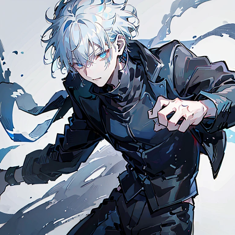 ((best quality)), ((masterpiece)), (detailed), perfect face teenager male spiky black hair with white streaks and bangs, glowing blue eyes like gojo, pale skin, wearing a black jacket.