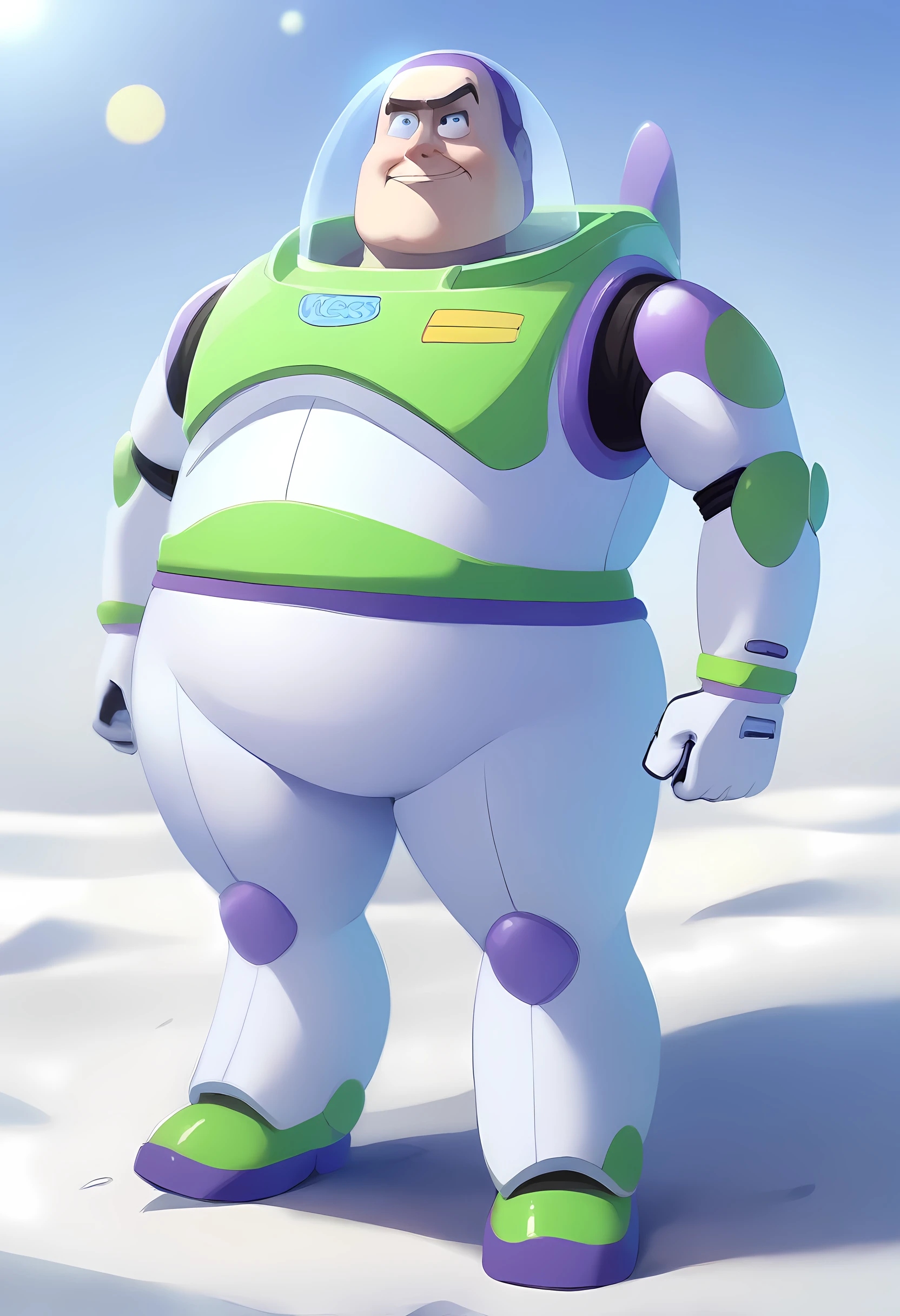 1boy, male focus, buzz lightyear, toy story, full body shot, large glass helmet, on the moon, masterpiece, best quality, very aesthetic, absurdres, Obese body type