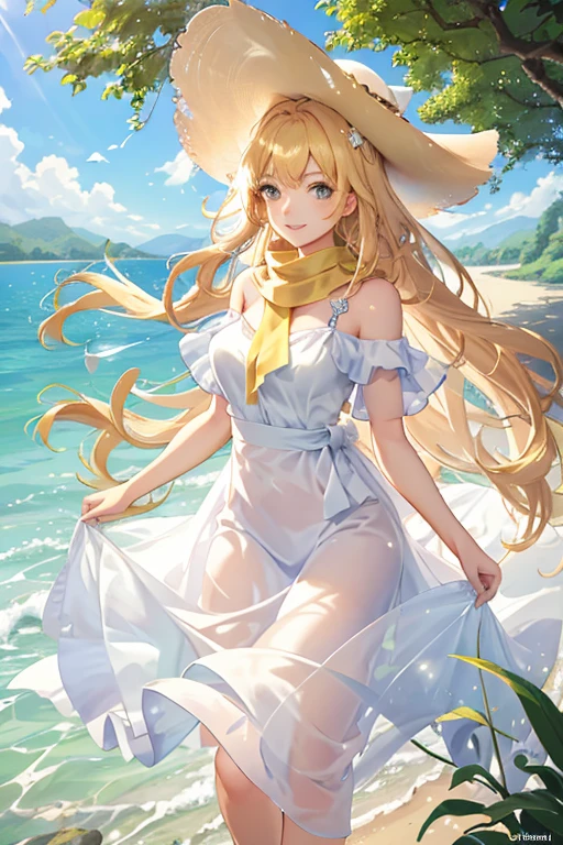 Stunningly beautiful young woman, radiant and captivating, enchanting smile showcasing perfect teeth, flawless skin gleaming under the warm sunlight, cascading golden curls adorning her shoulders, sun-kissed, her eyes sparkling with vitality and life, dressing in a vibrant, feminine sundress, with a scarf delicately tied around her waist, carrying a sun hat in her hand, strolling through a picturesque landscape, a meadow filled with wildflowers, a serene lake reflecting the azure sky, a gentle breeze rustling the leaves, the vibrant hues of the scenery contrasting beautifully with her fair complexion, the